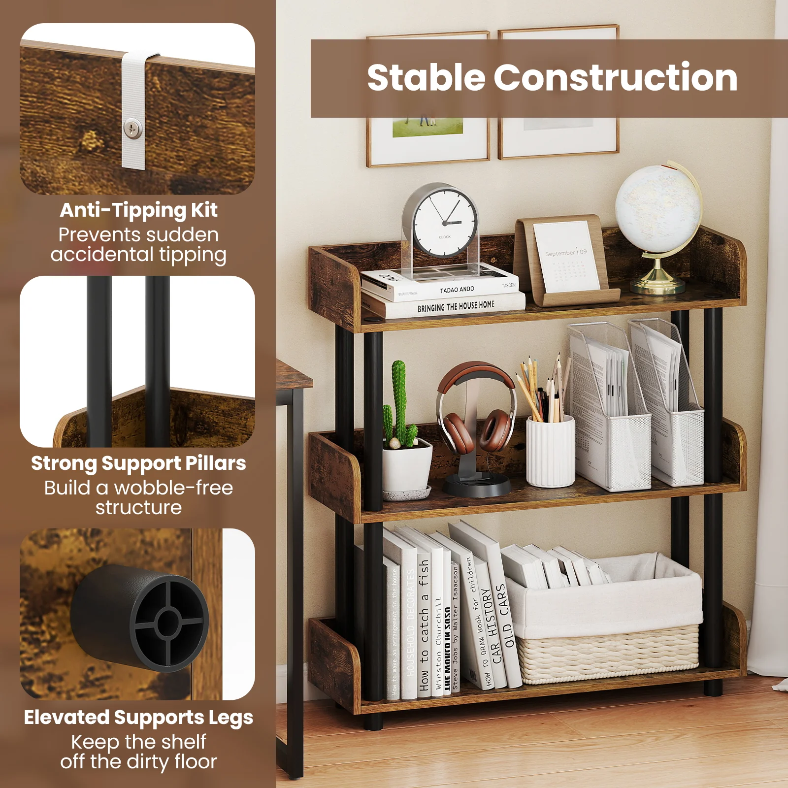 3-Tier Bookshelf with Anti-Tipping Kit and Industrial Storage Unit for Living Room, Rustic Brown - Image 8