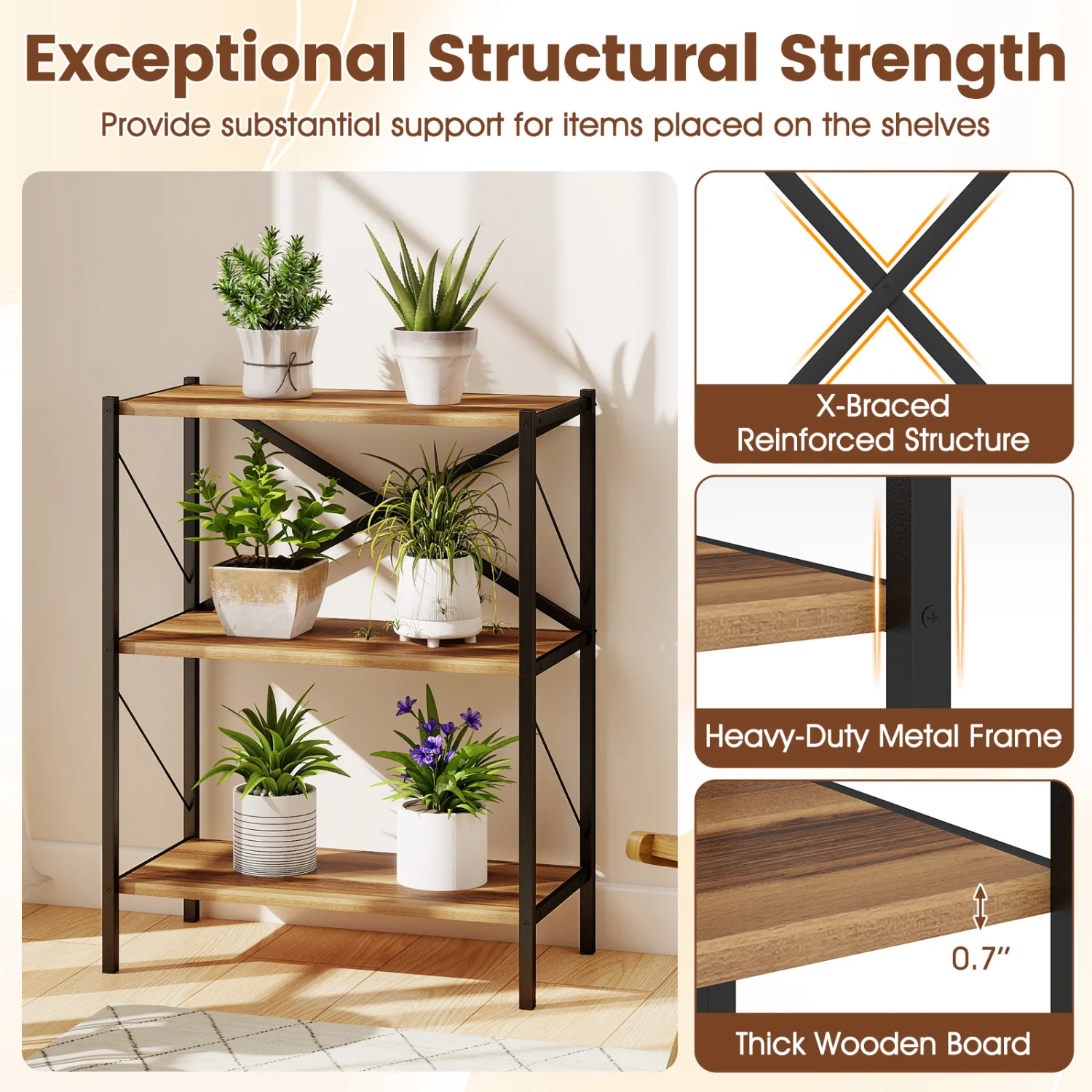 3-Tier Bookshelf with Heavy-Duty Metal Frame, Walnut - Image 10