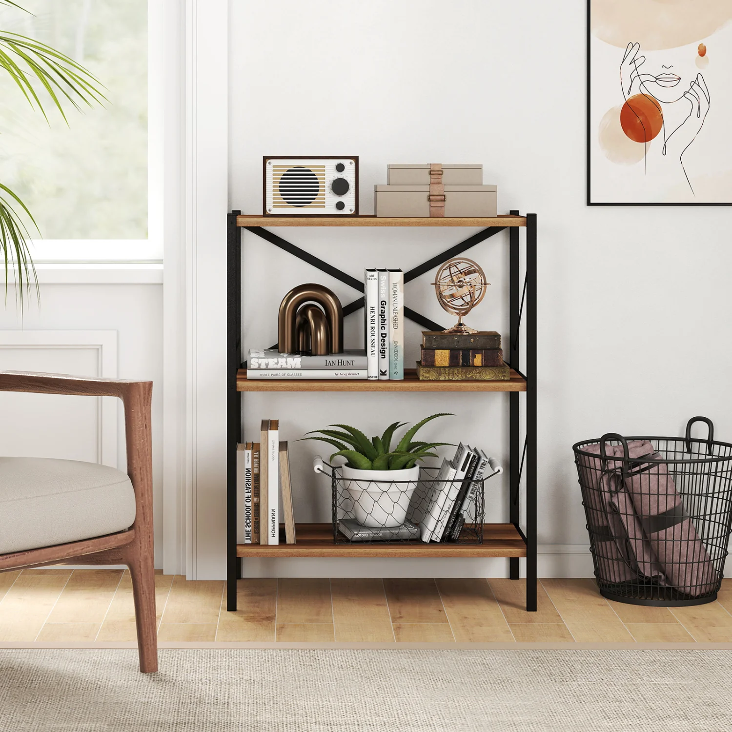 3-Tier Bookshelf with Heavy-Duty Metal Frame, Walnut - Image 2