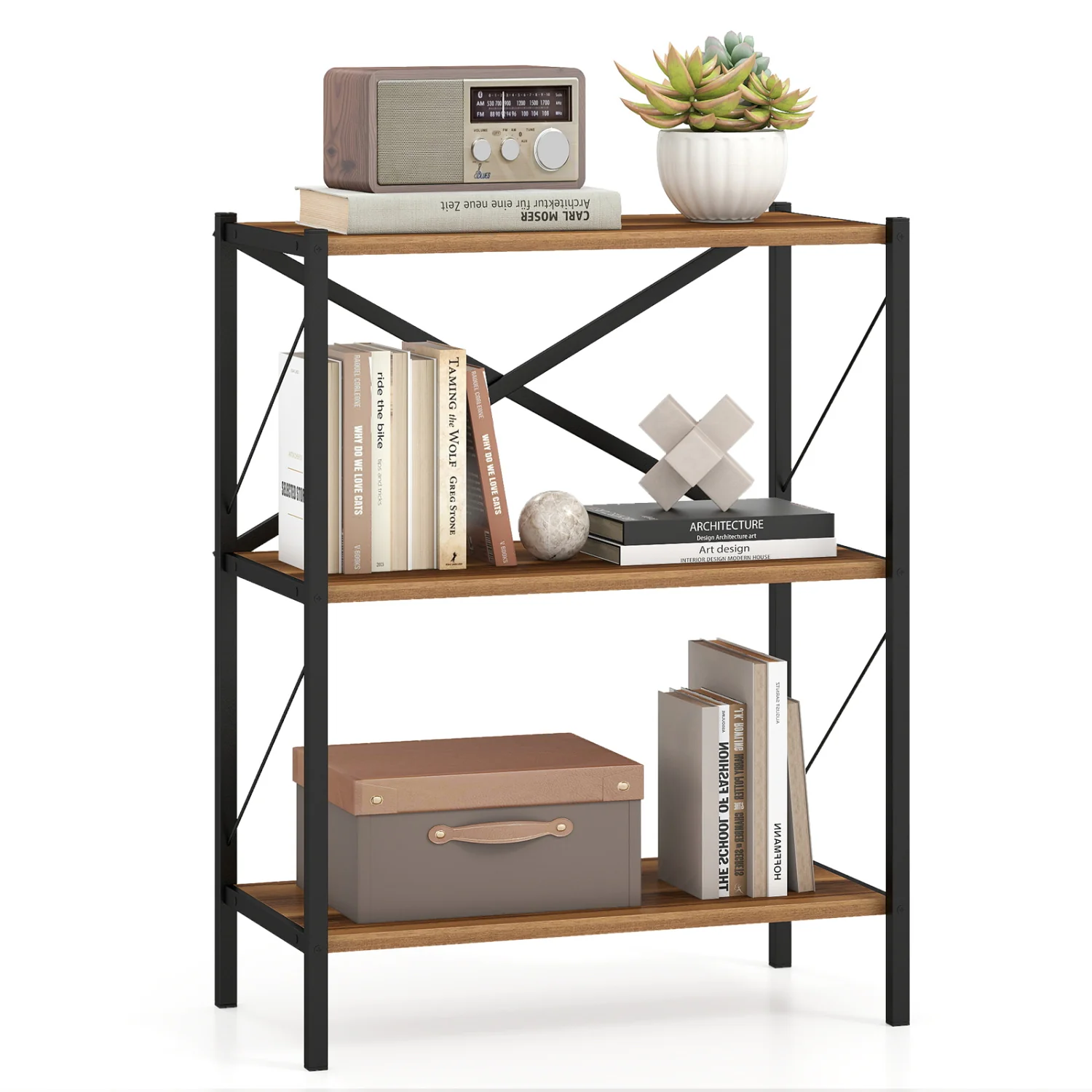 3-Tier Bookshelf with Heavy-Duty Metal Frame, Walnut - Image 5