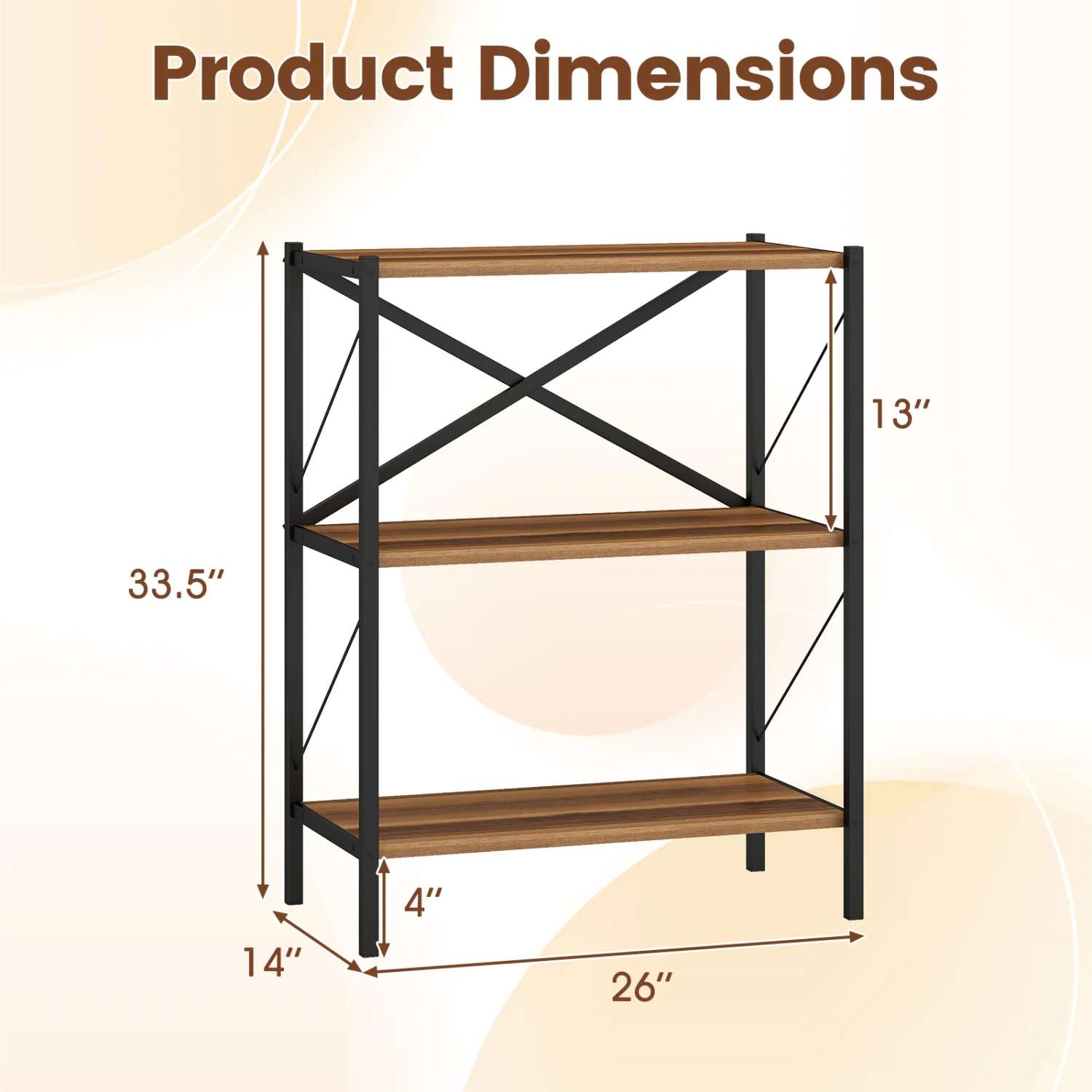 3-Tier Bookshelf with Heavy-Duty Metal Frame, Walnut - Image 6