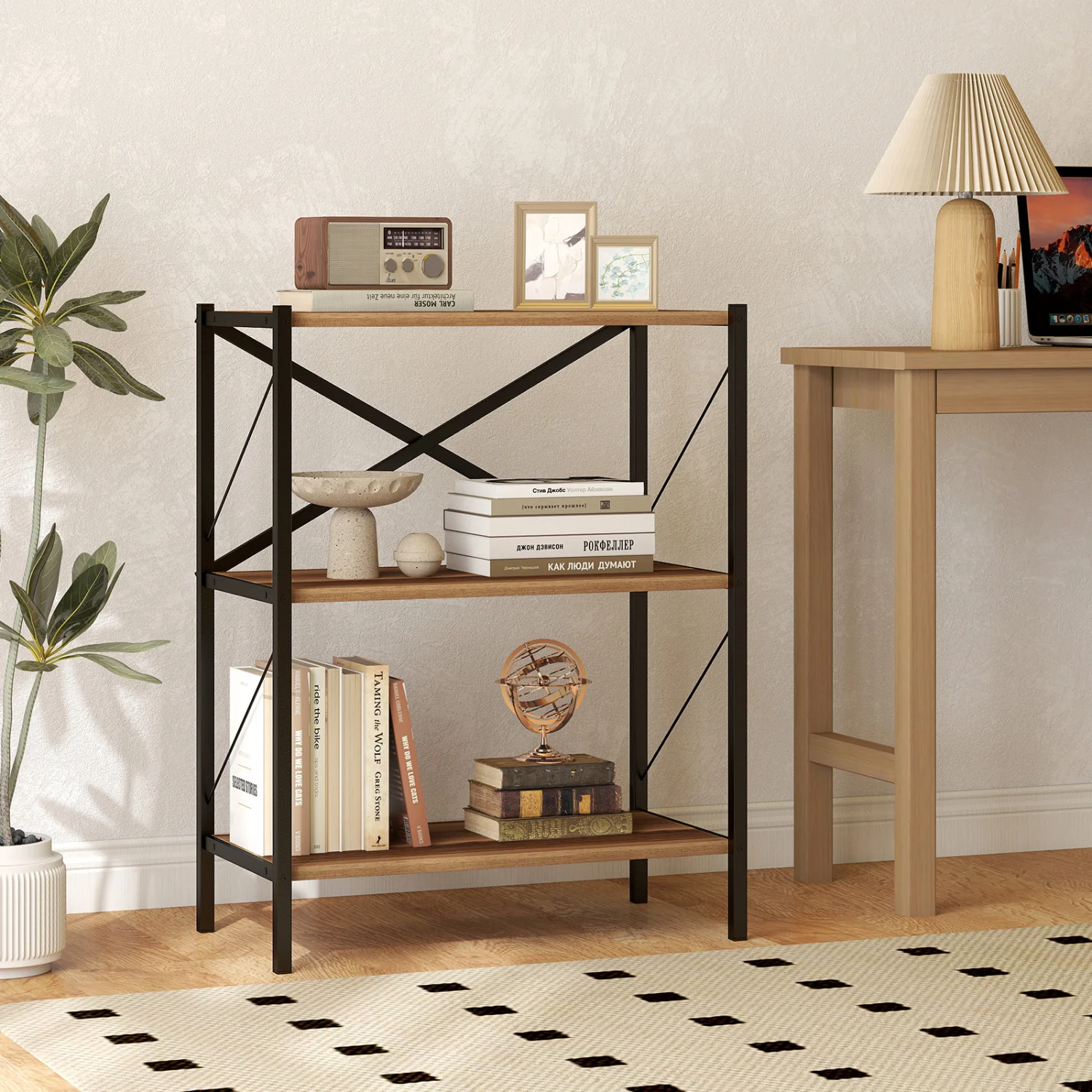 3-Tier Bookshelf with Heavy-Duty Metal Frame, Walnut - Image 7