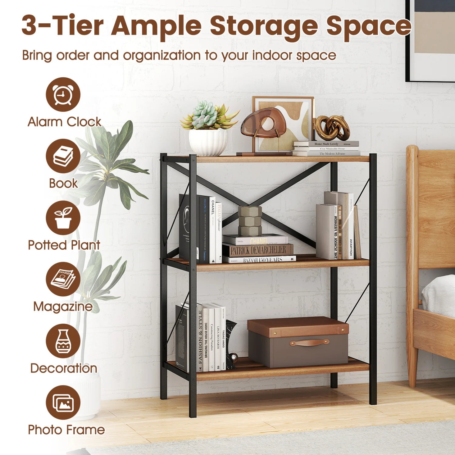 3-Tier Bookshelf with Heavy-Duty Metal Frame, Walnut - Image 9
