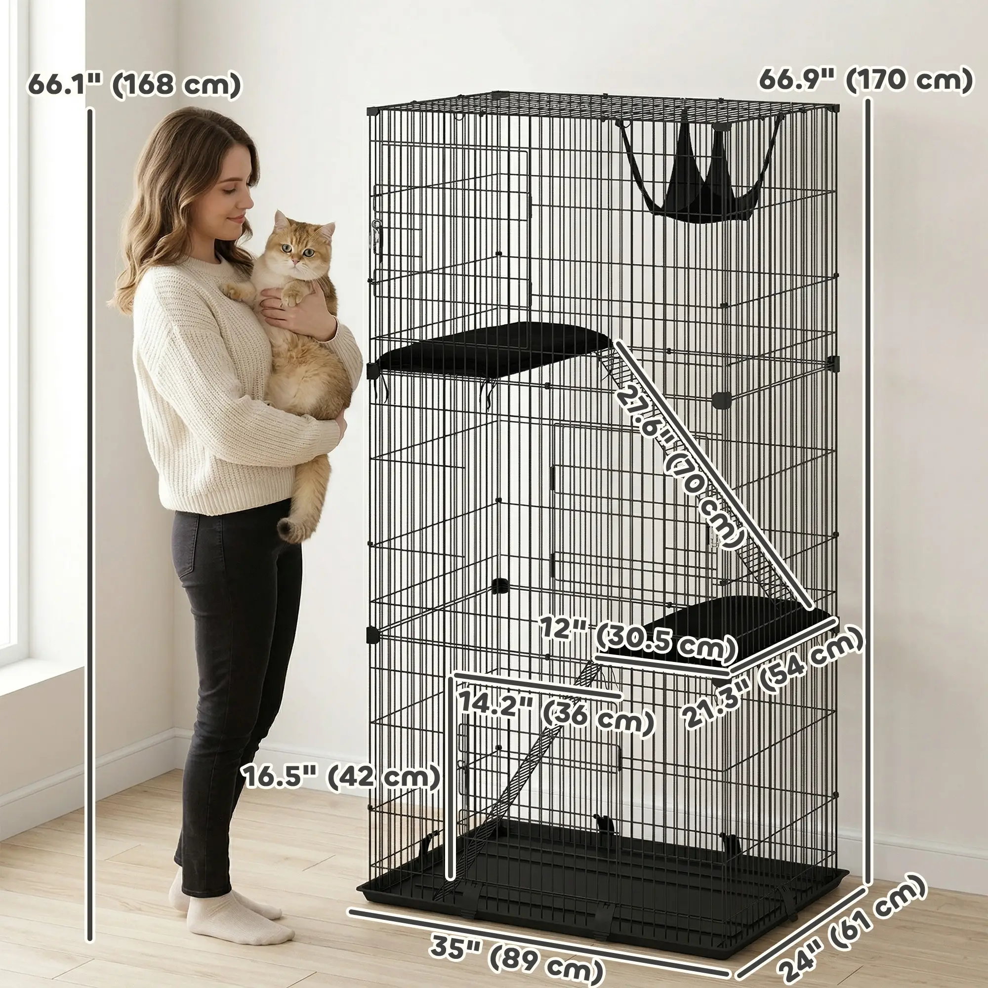 3-Tier Cat Cage Indoor, Detachable Metal Wire Kennel withwith Hammock, Platform, Tray and Cushion for 1-2 Kittens - Image 3
