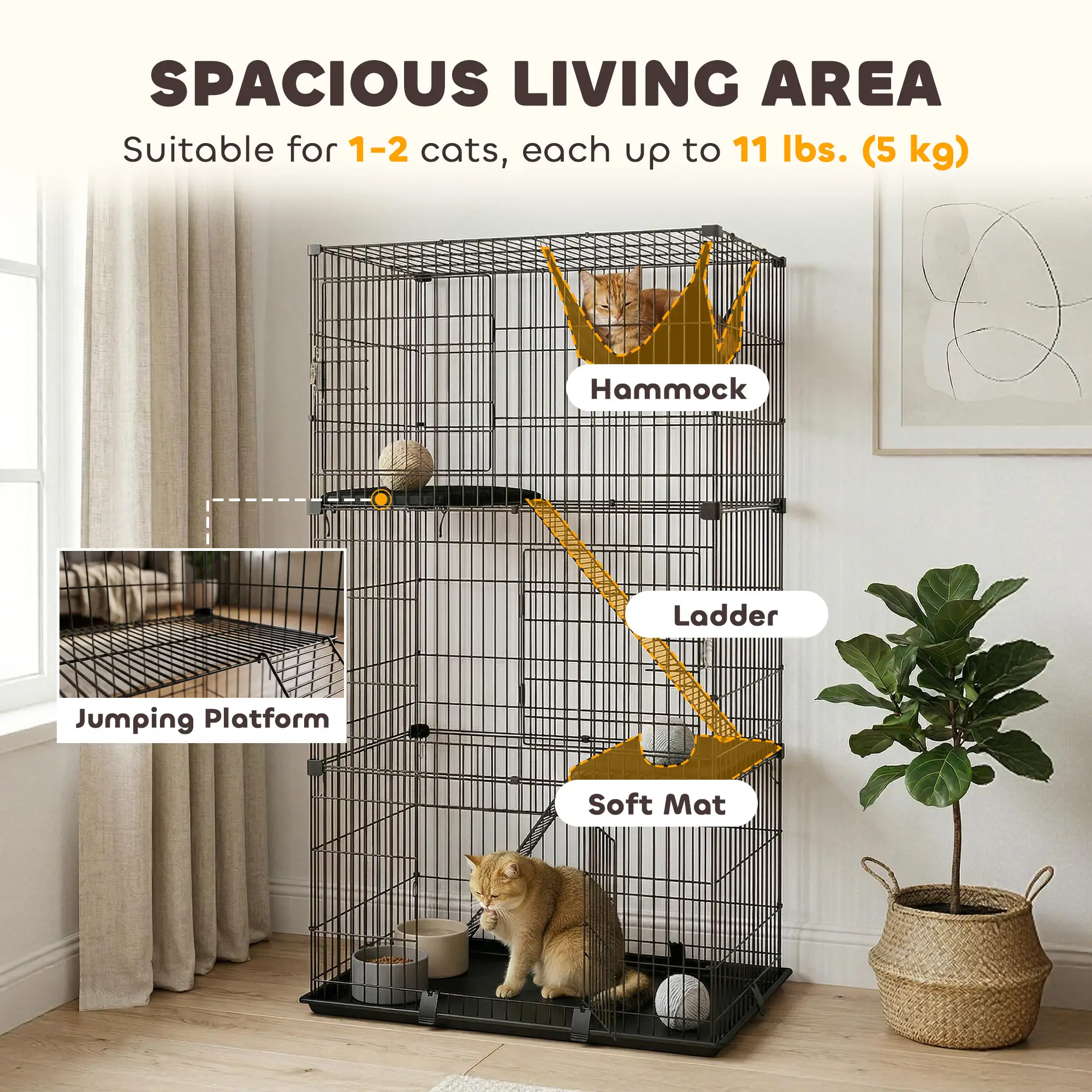 3-Tier Cat Cage Indoor, Detachable Metal Wire Kennel withwith Hammock, Platform, Tray and Cushion for 1-2 Kittens - Image 4