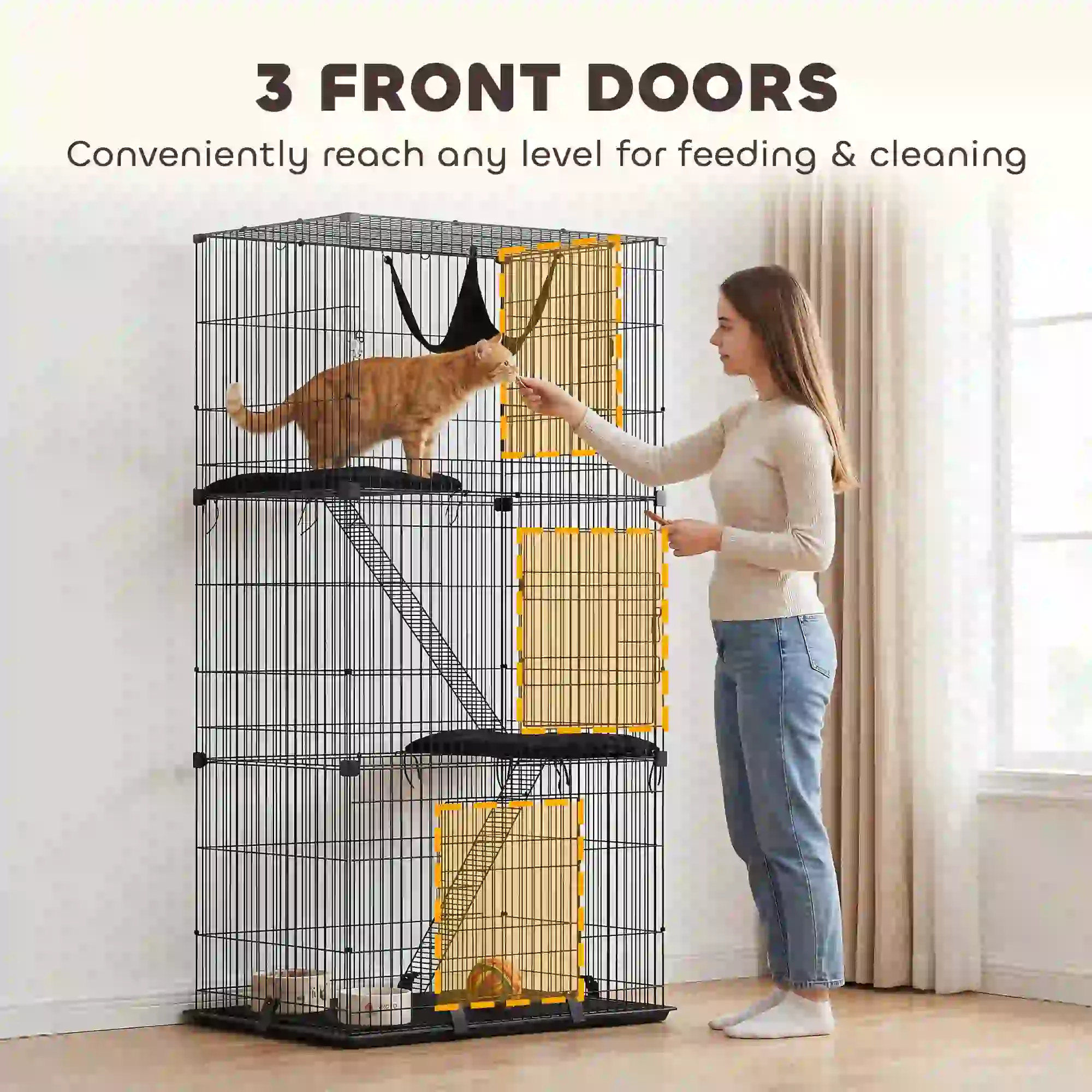 3-Tier Cat Cage Indoor, Detachable Metal Wire Kennel withwith Hammock, Platform, Tray and Cushion for 1-2 Kittens - Image 6
