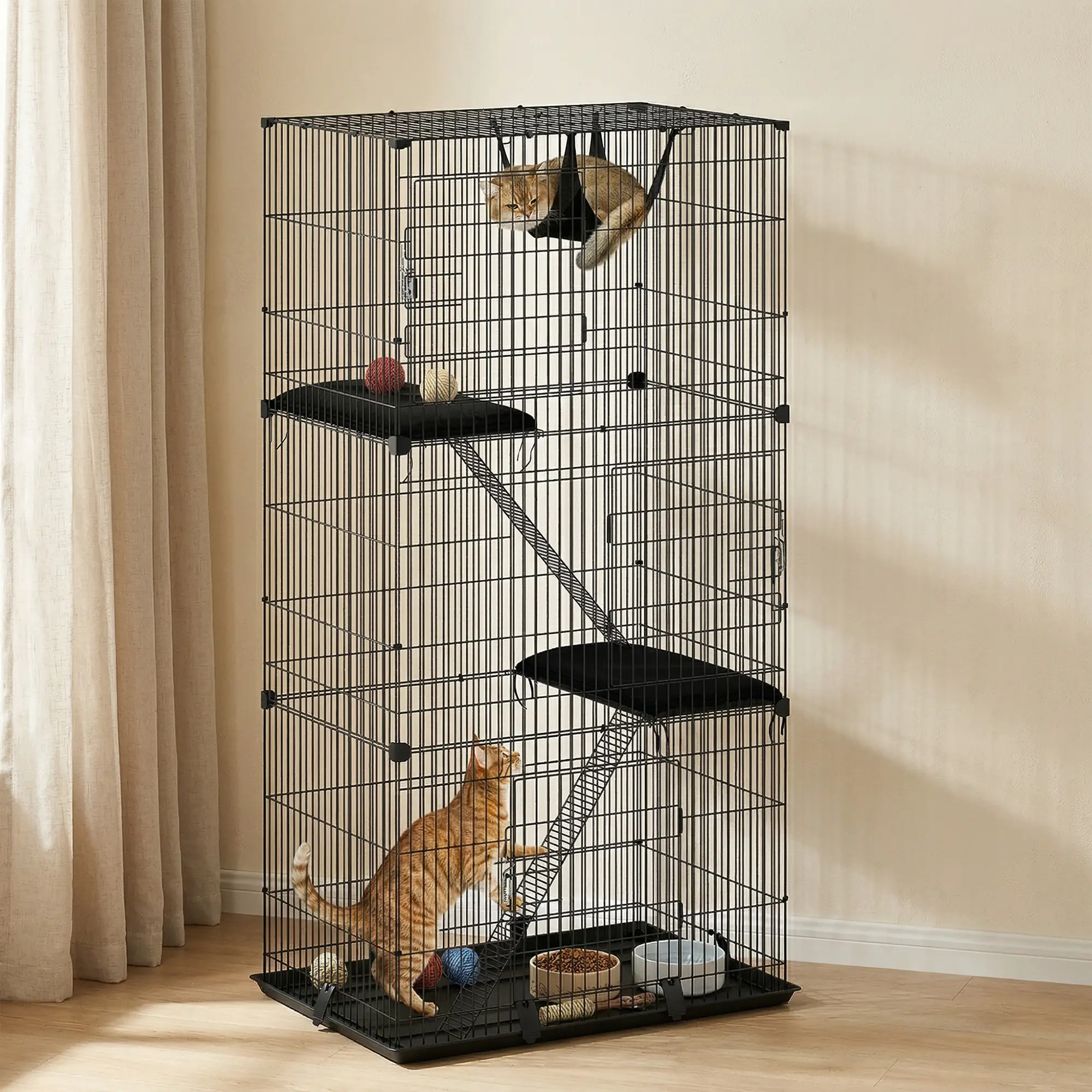 3-Tier Cat Cage Indoor, Detachable Metal Wire Kennel withwith Hammock, Platform, Tray and Cushion for 1-2 Kittens - Image 8