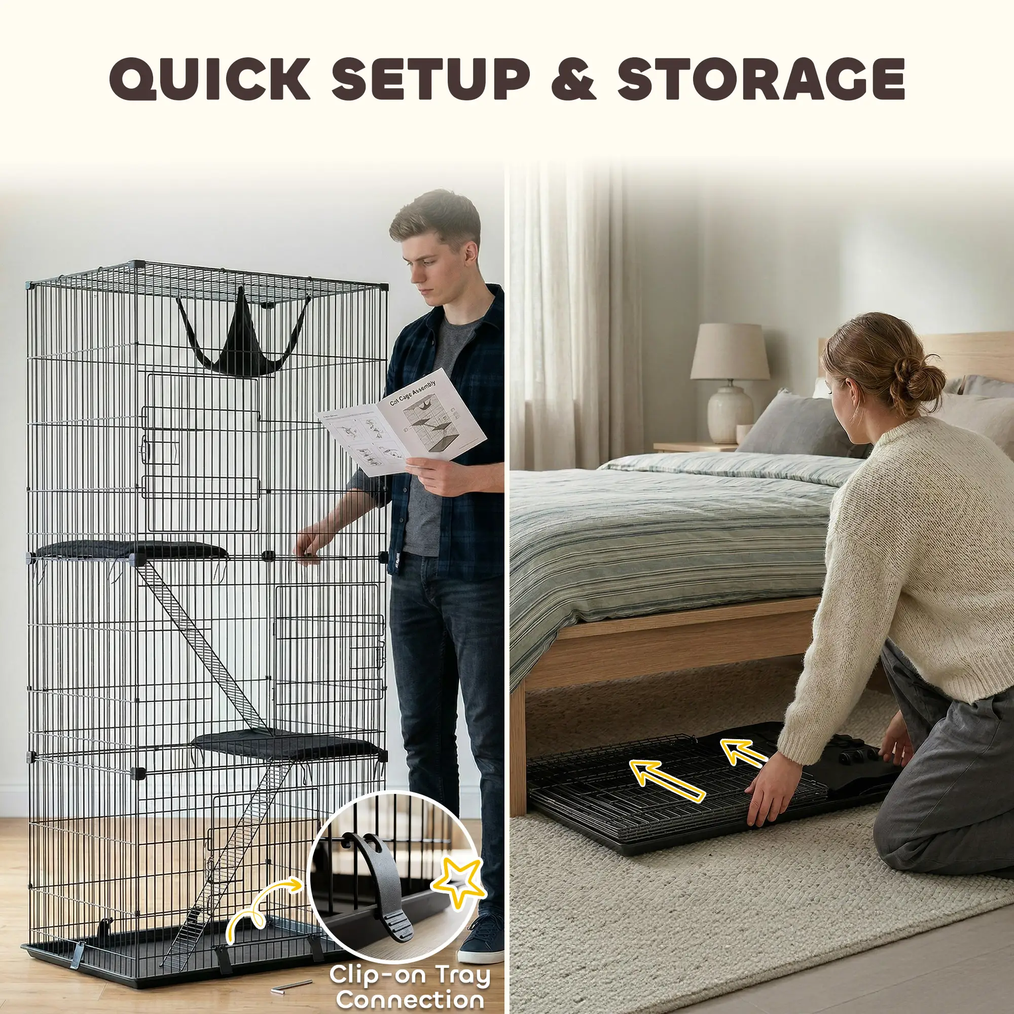 3-Tier Cat Cage Indoor, Detachable Metal Wire Kennel withwith Hammock, Platform, Tray and Cushion for 1-2 Kittens - Image 9