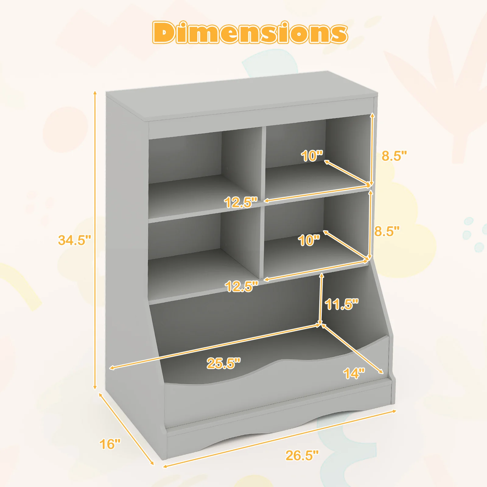 3-Tier Children's Bookcase Toy Storage Cabinet, Gray - Image 5