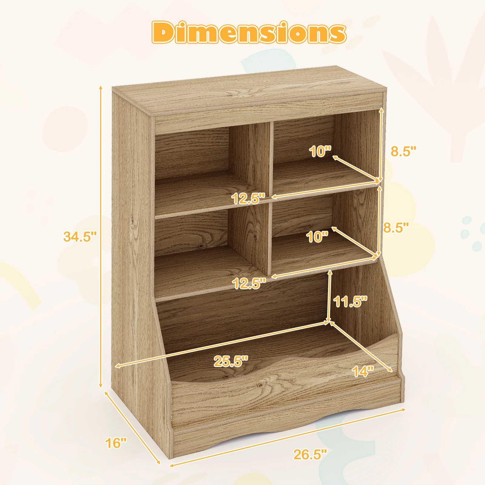 3-Tier Children's Bookcase Toy Storage Cabinet, Natural - Image 6