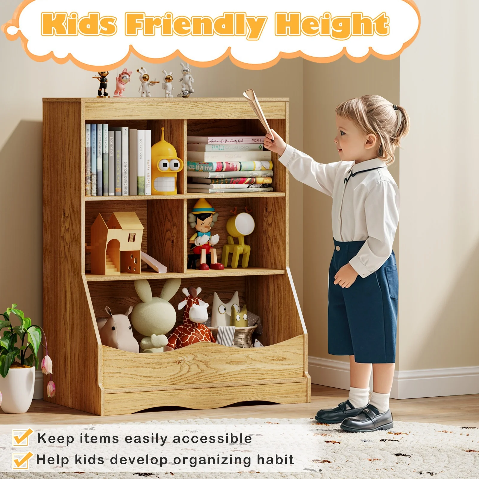 3-Tier Children's Bookcase Toy Storage Cabinet, Natural - Image 8