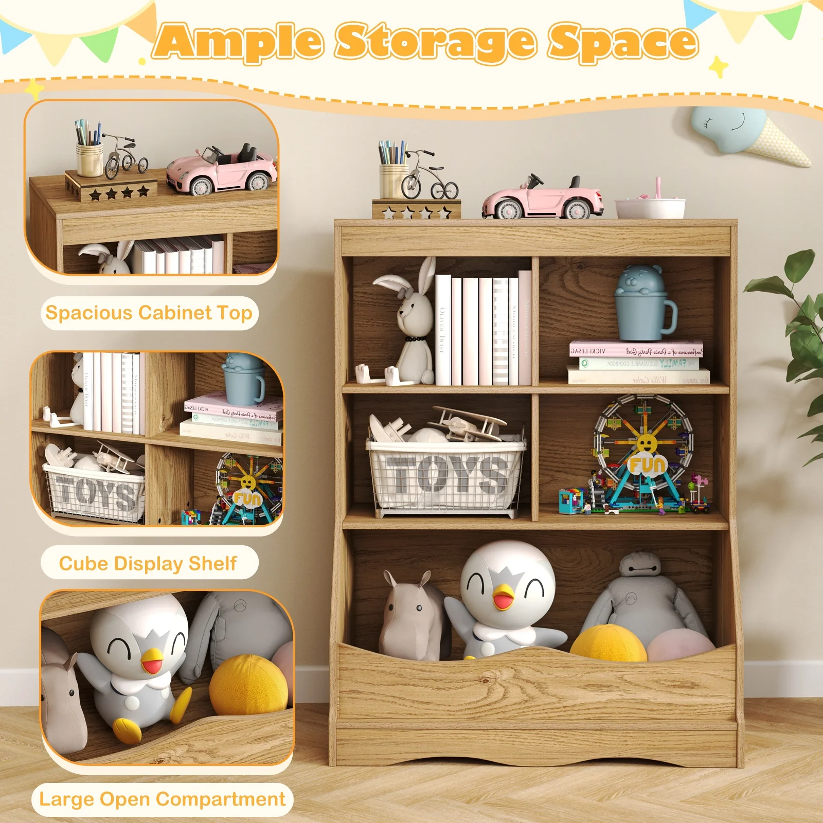 3-Tier Children's Bookcase Toy Storage Cabinet, Natural - Image 9