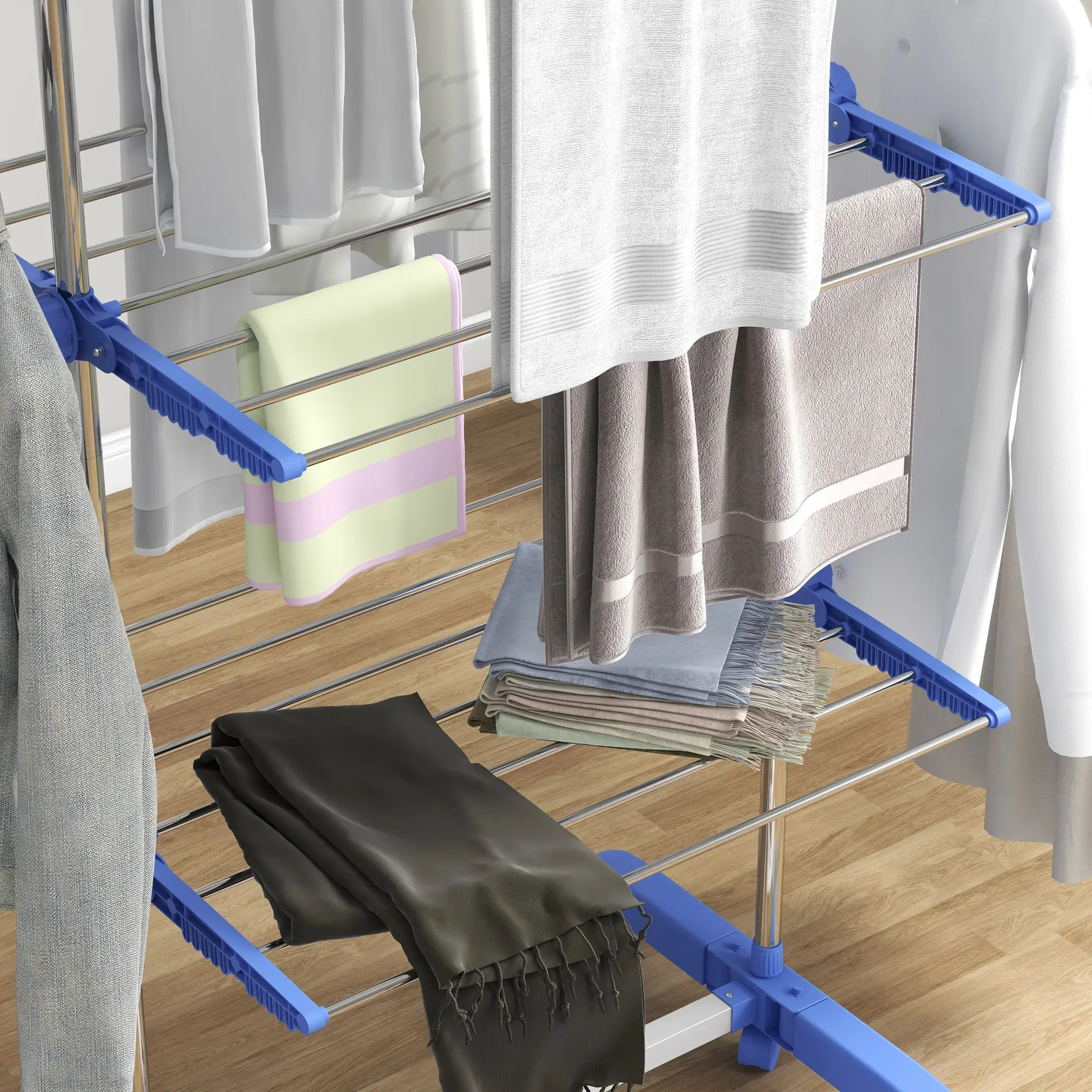 3-Tier Clothes Drying Rack, Stainless Steel Laundry Rack with 2 Side Wings and 6 Castors, Collapsible Adjustable Clothes Airer for Indoor Outdoor, Blue - Image 10