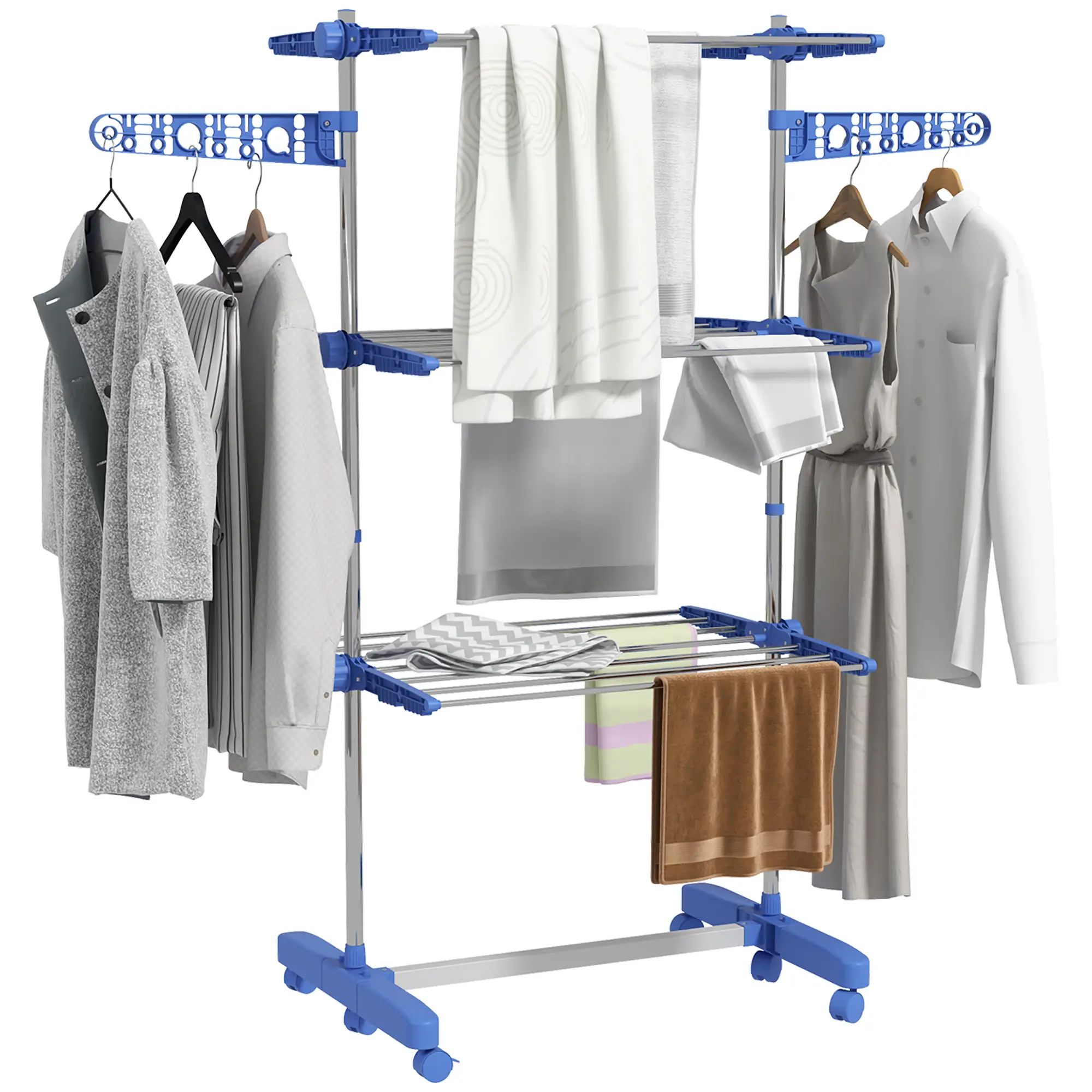 3-Tier Clothes Drying Rack, Stainless Steel Laundry Rack with 2 Side Wings and 6 Castors, Collapsible Adjustable Clothes Airer for Indoor Outdoor, Blue - Image 11