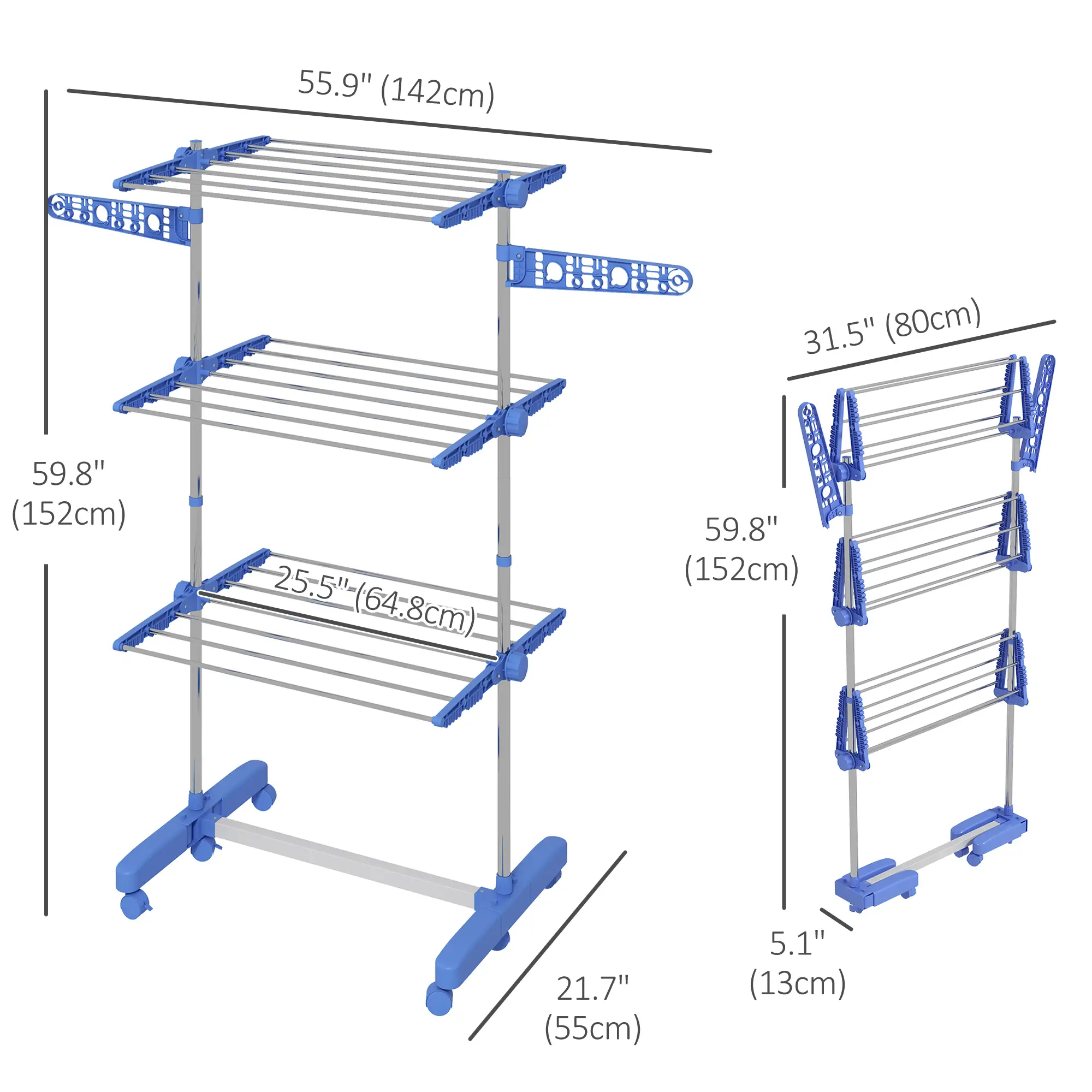 3-Tier Clothes Drying Rack, Stainless Steel Laundry Rack with 2 Side Wings and 6 Castors, Collapsible Adjustable Clothes Airer for Indoor Outdoor, Blue - Image 3