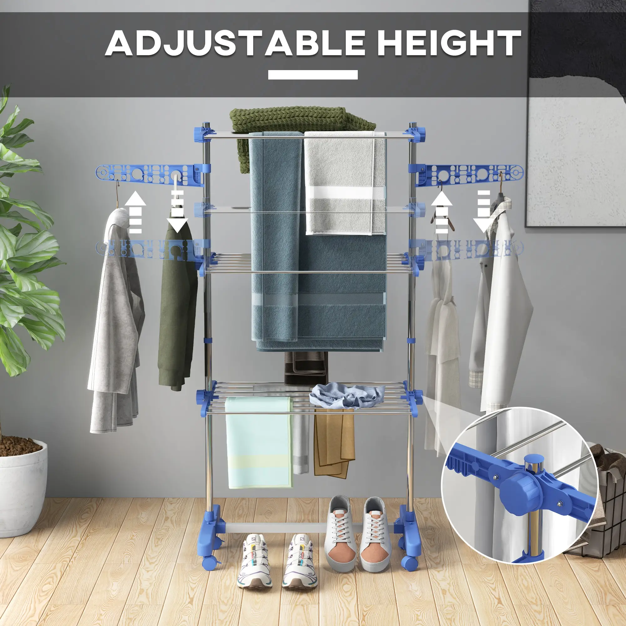 3-Tier Clothes Drying Rack, Stainless Steel Laundry Rack with 2 Side Wings and 6 Castors, Collapsible Adjustable Clothes Airer for Indoor Outdoor, Blue - Image 4