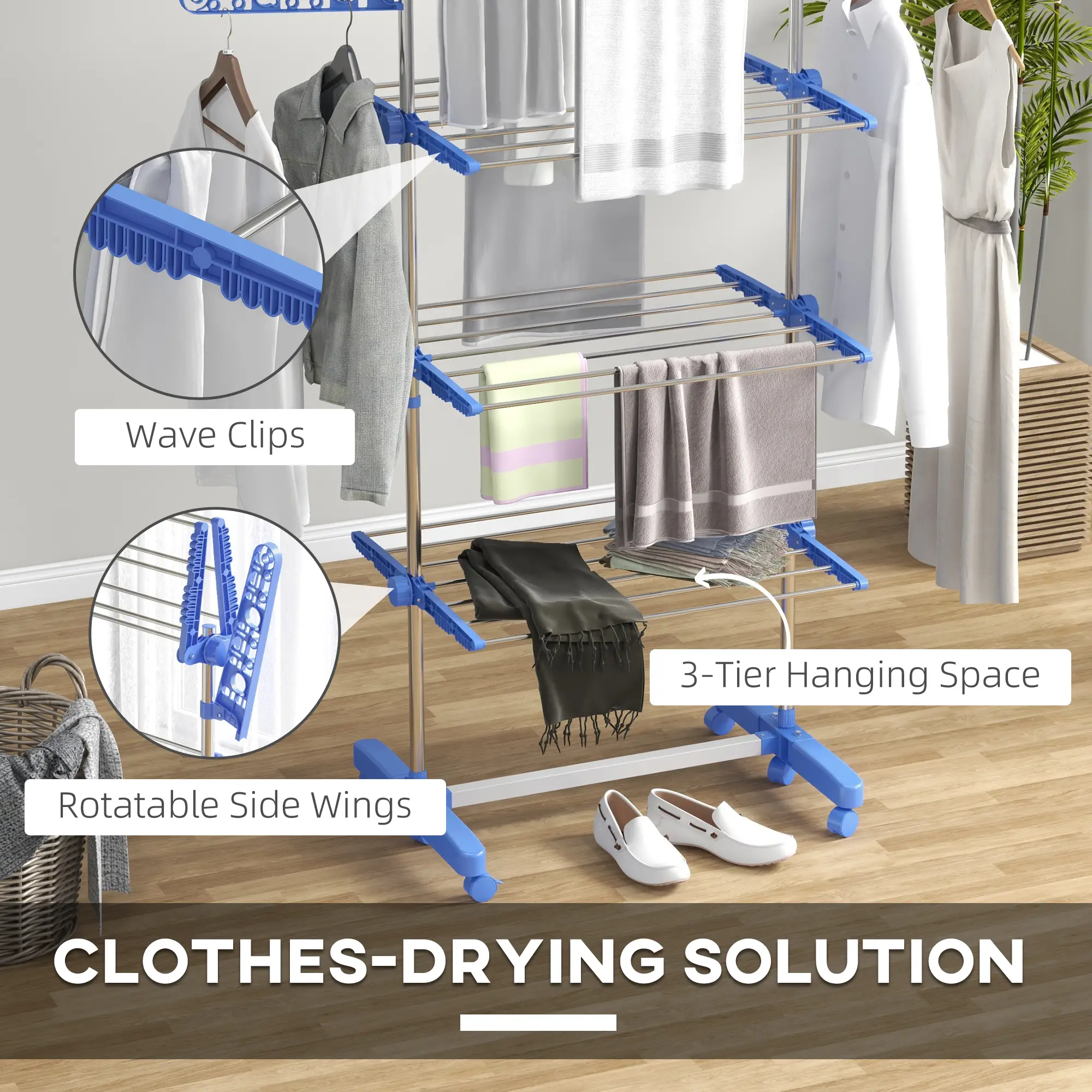 3-Tier Clothes Drying Rack, Stainless Steel Laundry Rack with 2 Side Wings and 6 Castors, Collapsible Adjustable Clothes Airer for Indoor Outdoor, Blue - Image 5