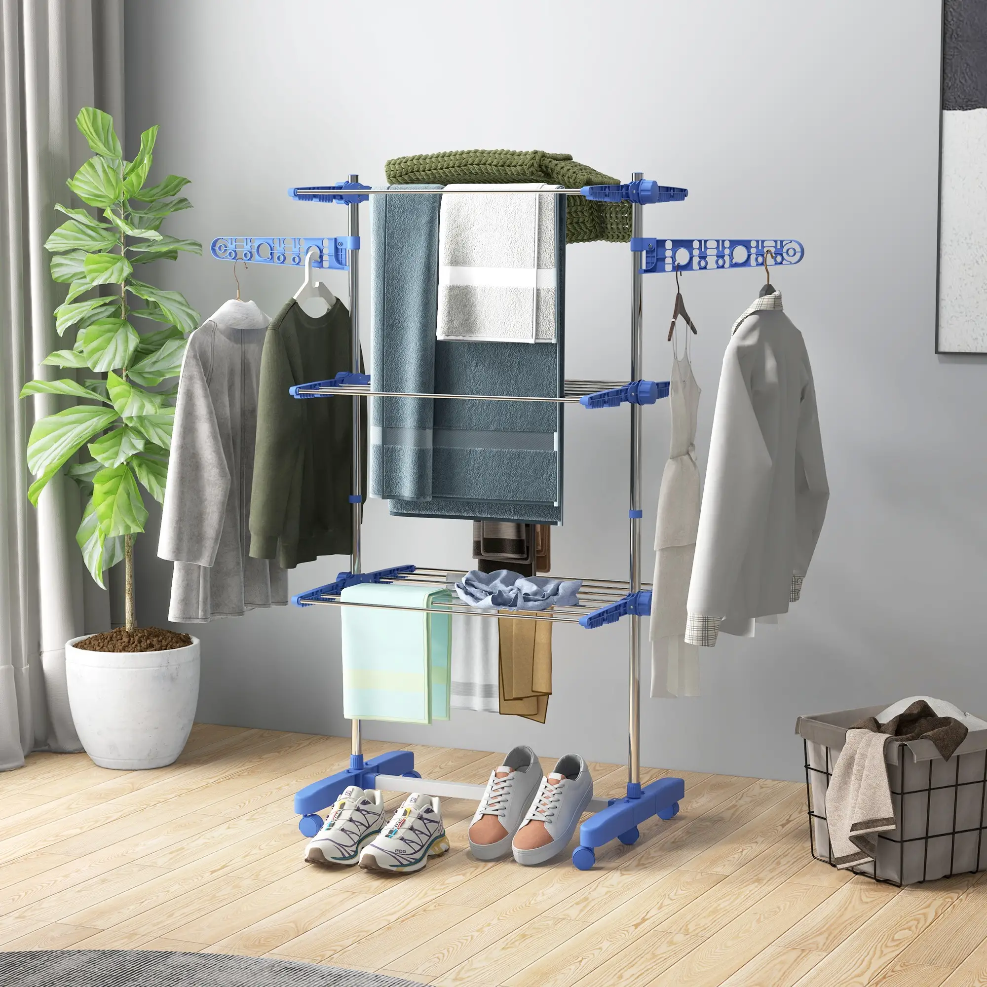 3-Tier Clothes Drying Rack, Stainless Steel Laundry Rack with 2 Side Wings and 6 Castors, Collapsible Adjustable Clothes Airer for Indoor Outdoor, Blue - Image 8