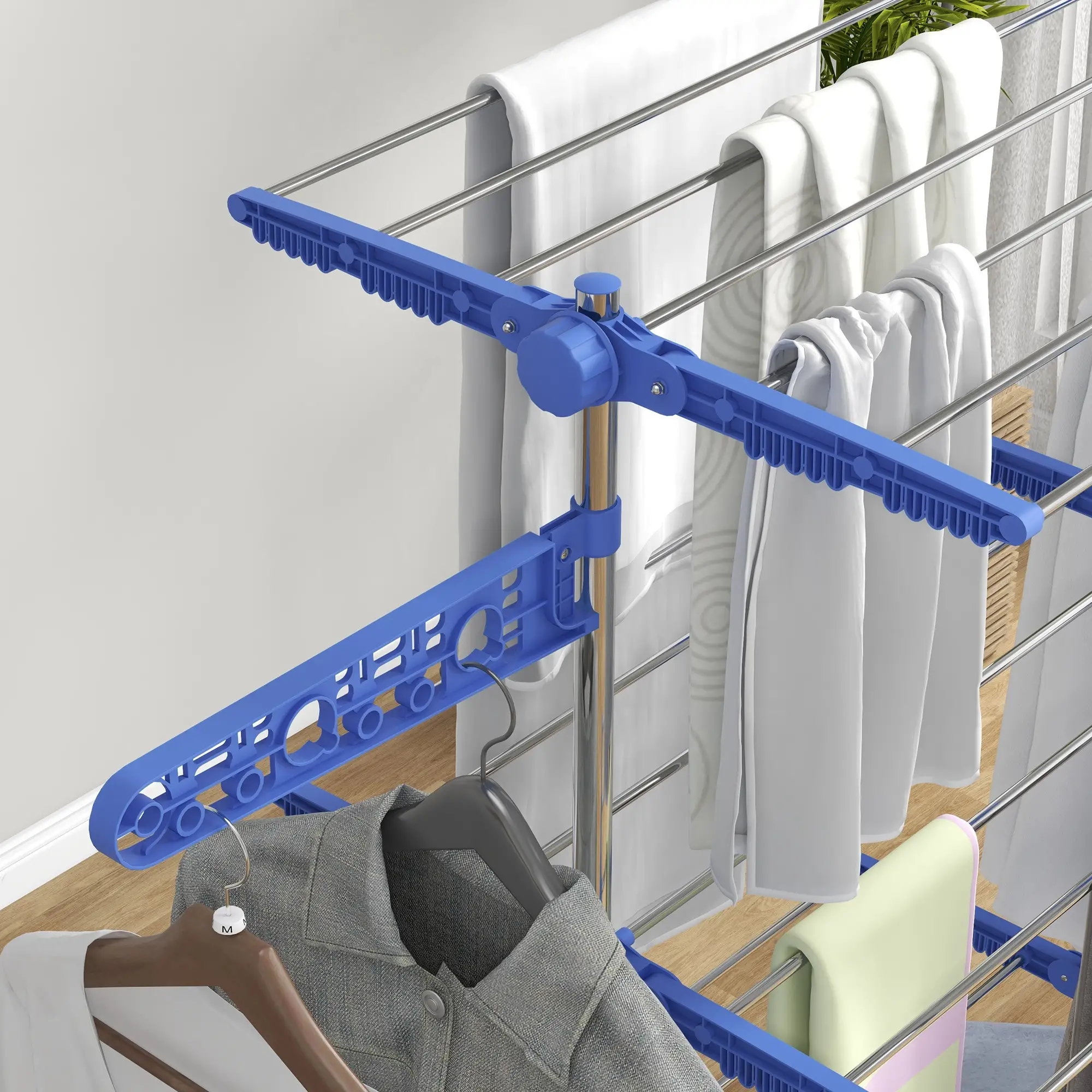 3-Tier Clothes Drying Rack, Stainless Steel Laundry Rack with 2 Side Wings and 6 Castors, Collapsible Adjustable Clothes Airer for Indoor Outdoor, Blue - Image 9