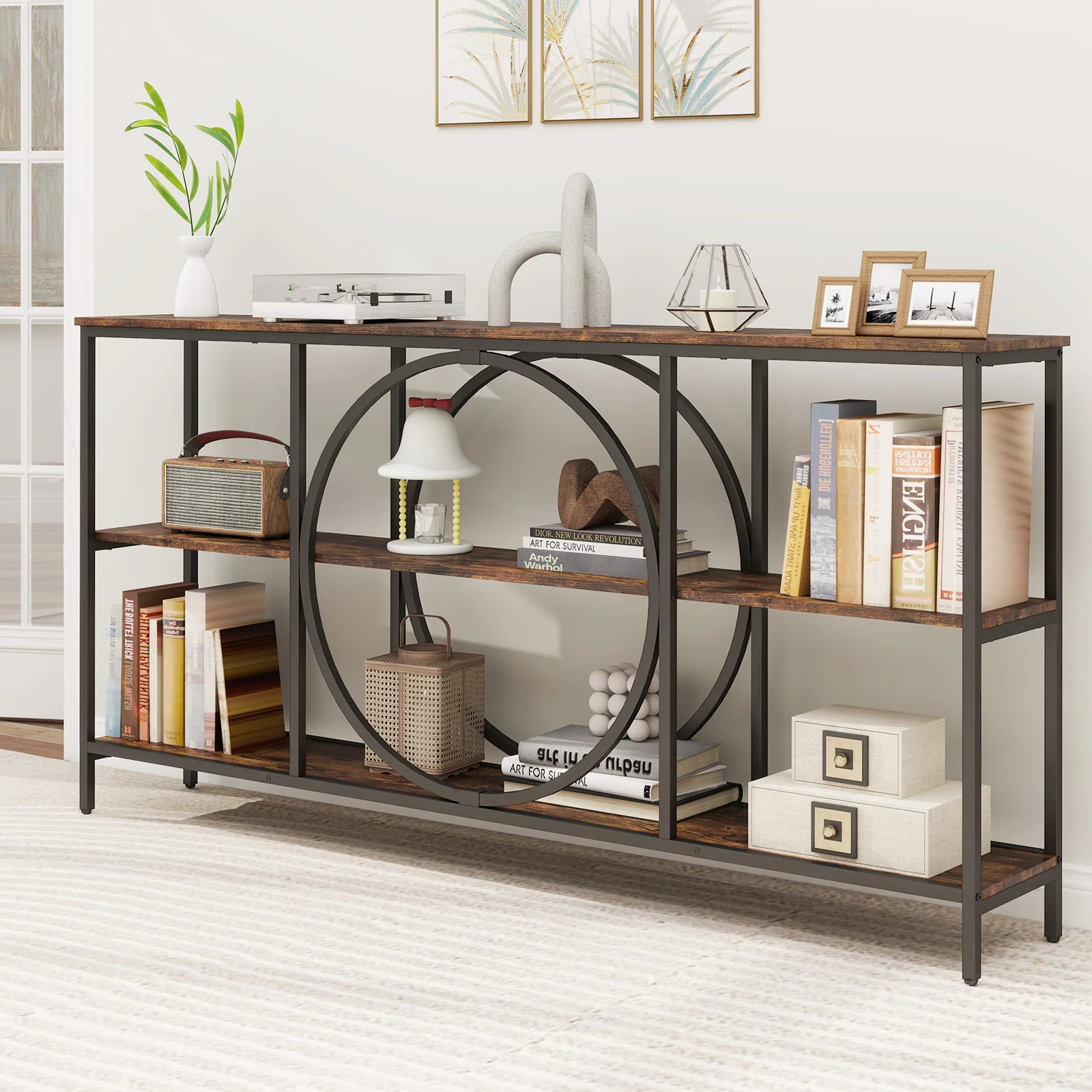 3-Tier Console Table, Faux Marble Top, Storage Shelves, Rustic Brown - Image 3