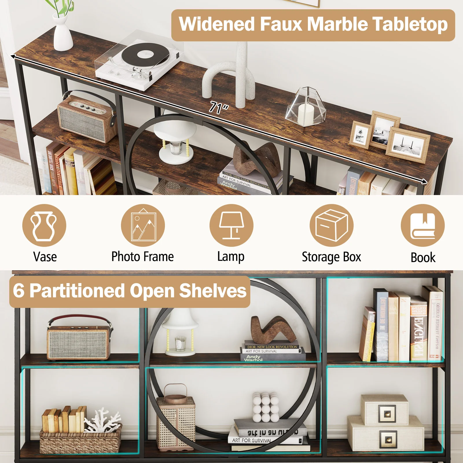 3-Tier Console Table, Faux Marble Top, Storage Shelves, Rustic Brown - Image 8