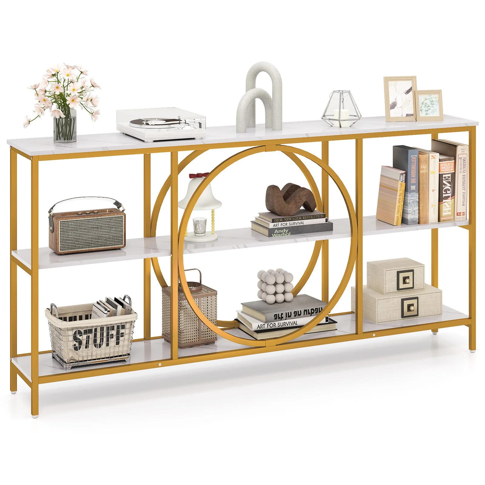 3-Tier Console Table, Faux Marble Top, Storage Shelves, White - Image 4