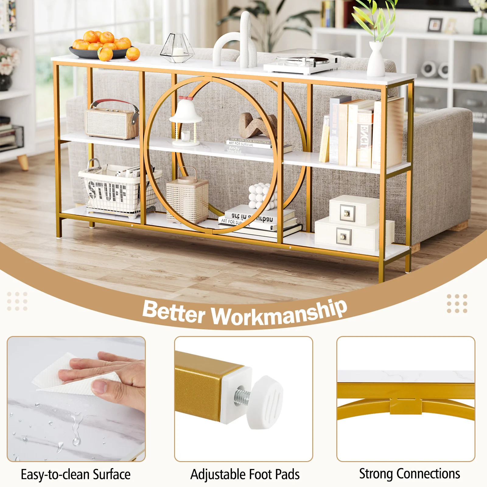 3-Tier Console Table, Faux Marble Top, Storage Shelves, White - Image 7