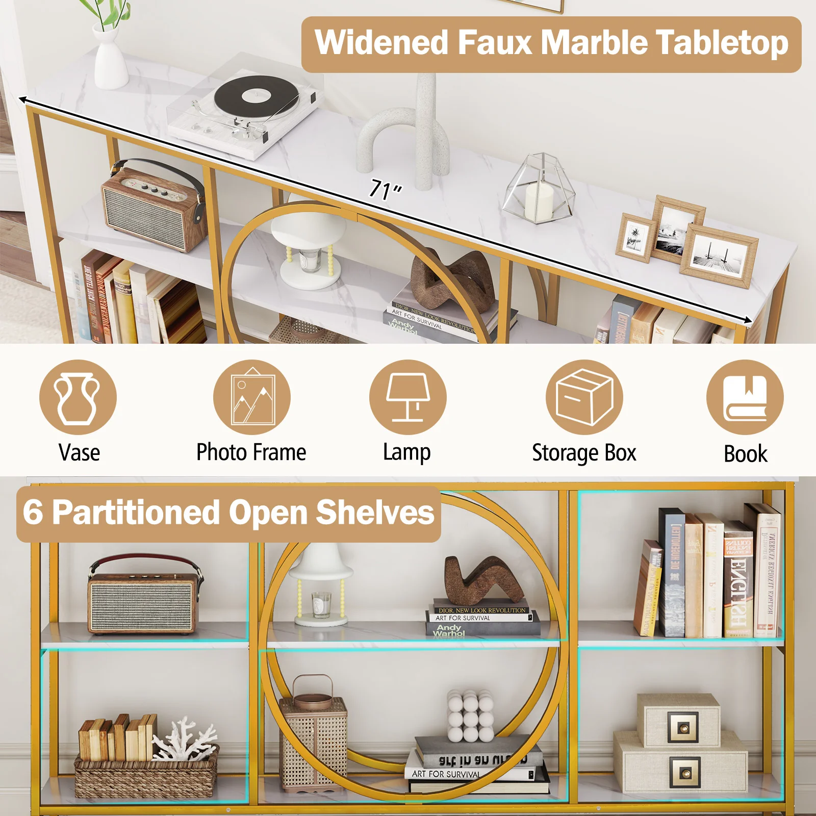 3-Tier Console Table, Faux Marble Top, Storage Shelves, White - Image 8