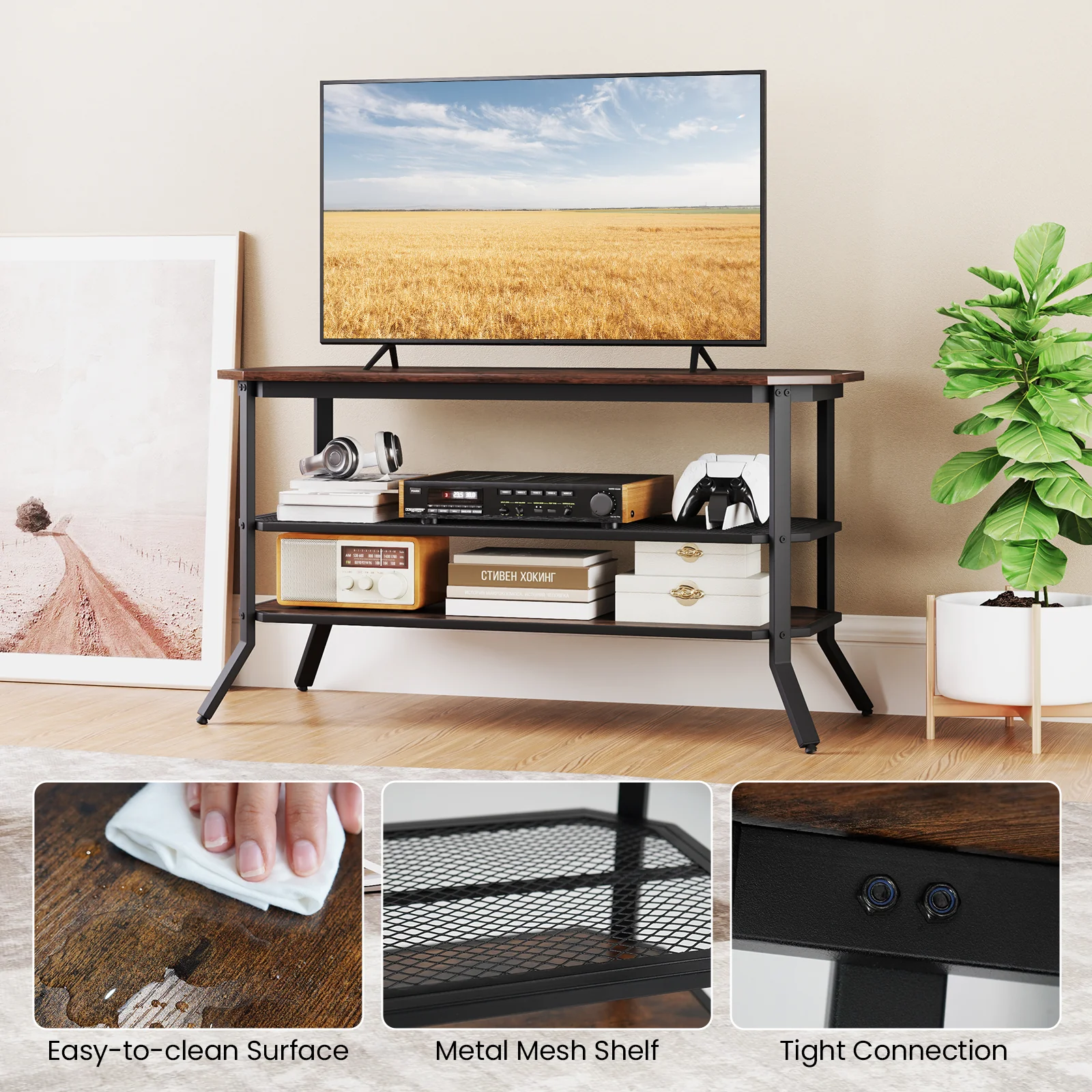3-Tier Console Table TV Stand, Rustic Brown - Image 10