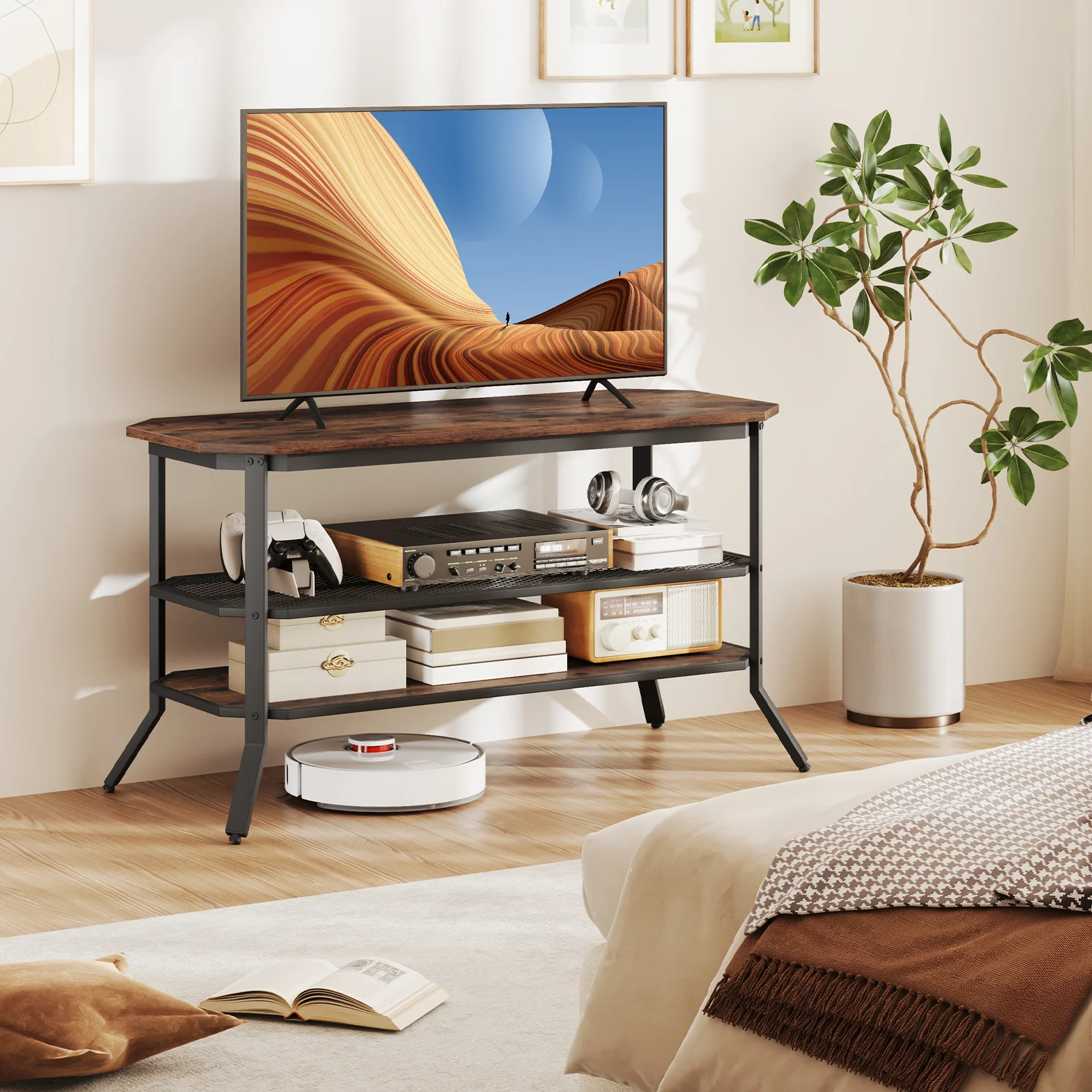 3-Tier Console Table TV Stand, Rustic Brown - Image 3