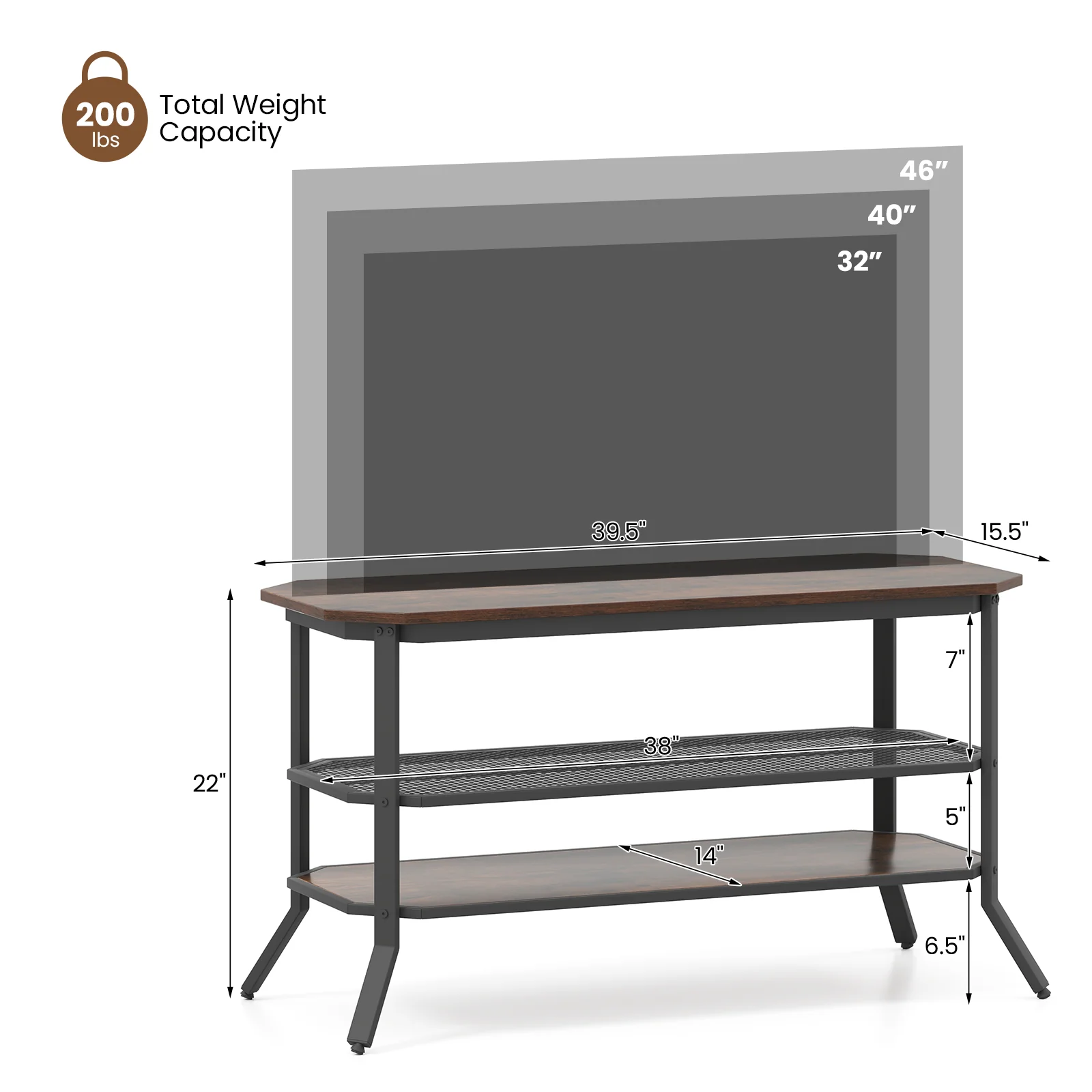 3-Tier Console Table TV Stand, Rustic Brown - Image 6