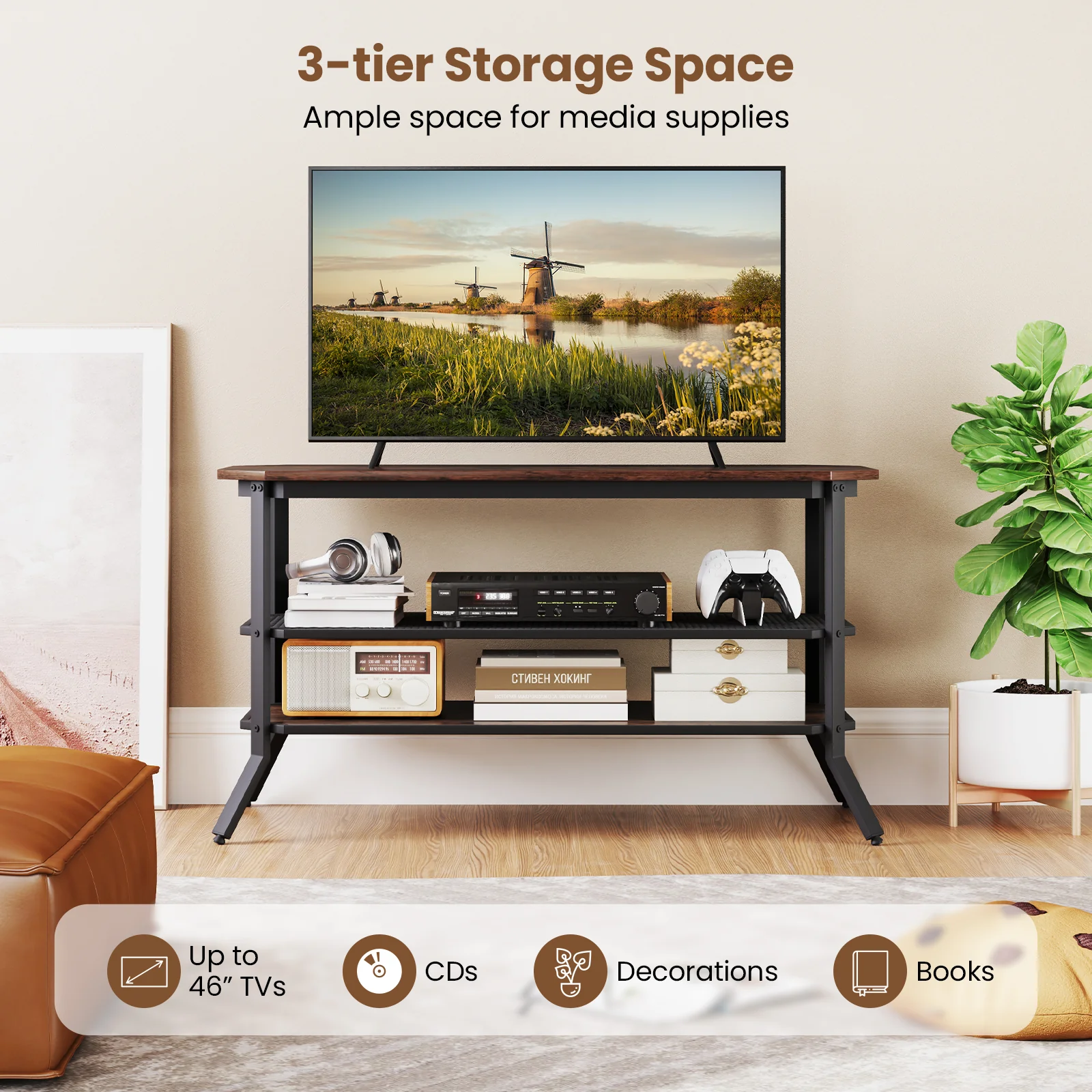3-Tier Console Table TV Stand, Rustic Brown - Image 9