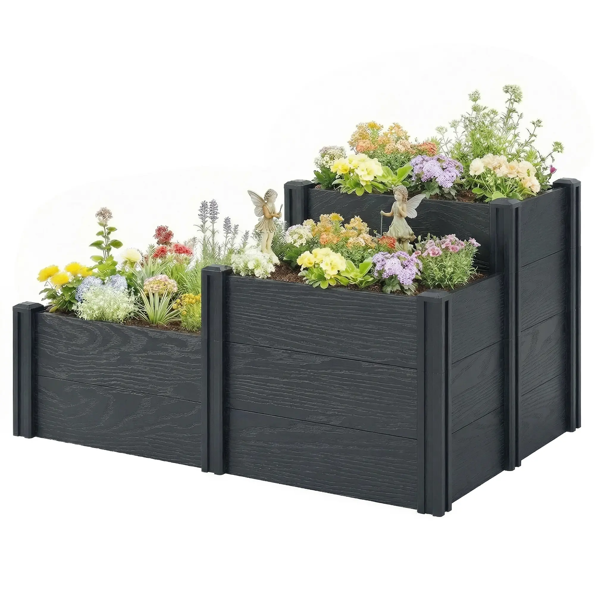 3-Tier Elevated Garden Box, Vinyl Raised Bed Kit, Grey Wood Effect, Grey