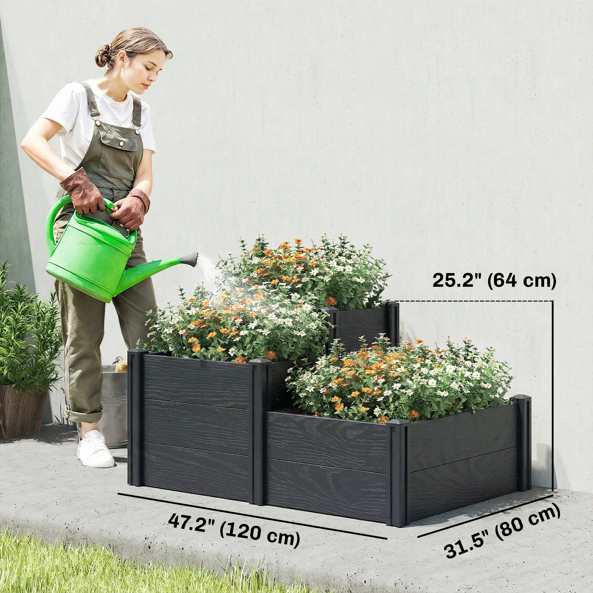 3-Tier Elevated Garden Box, Vinyl Raised Bed Kit, Grey Wood Effect, Grey - Image 3