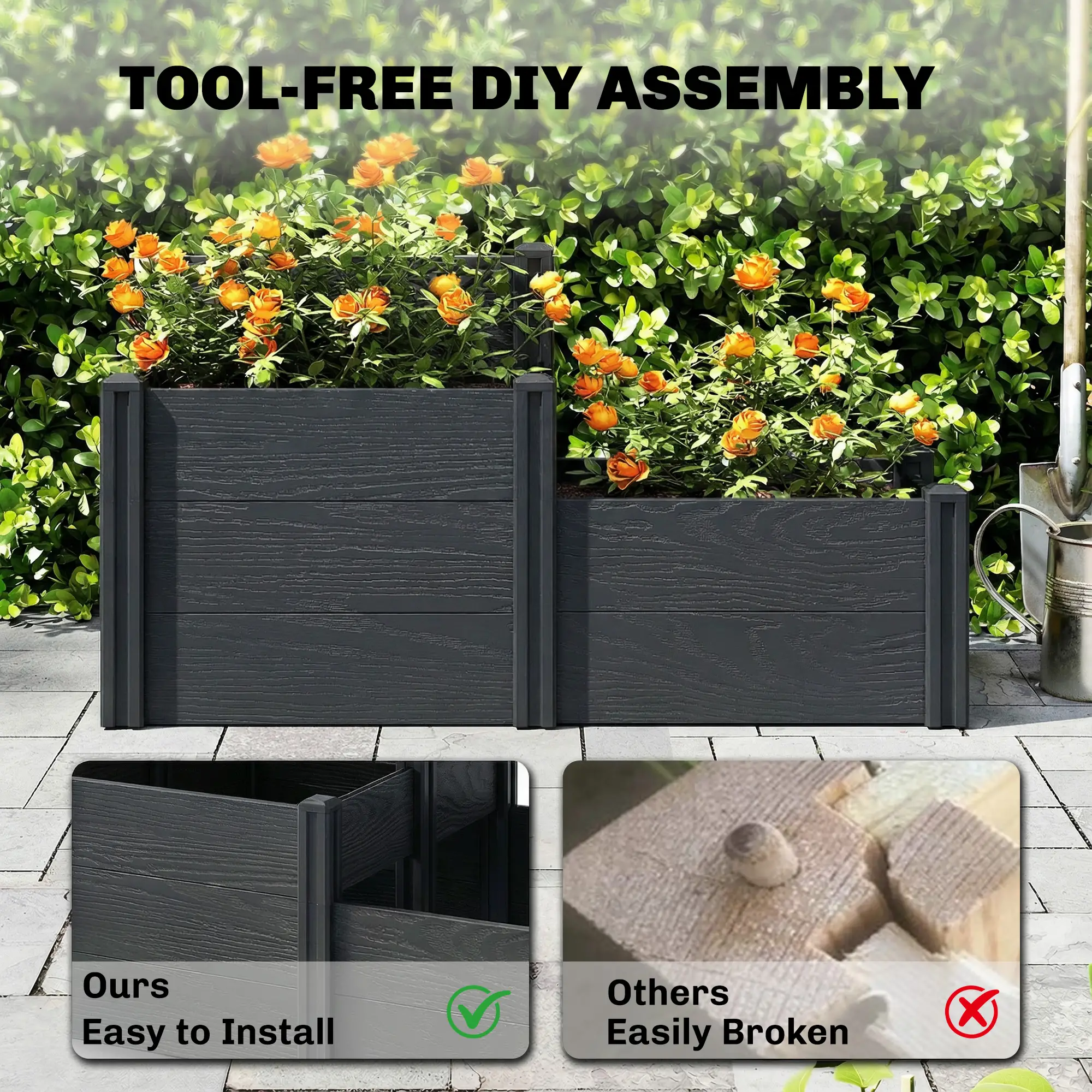 3-Tier Elevated Garden Box, Vinyl Raised Bed Kit, Grey Wood Effect, Grey - Image 4