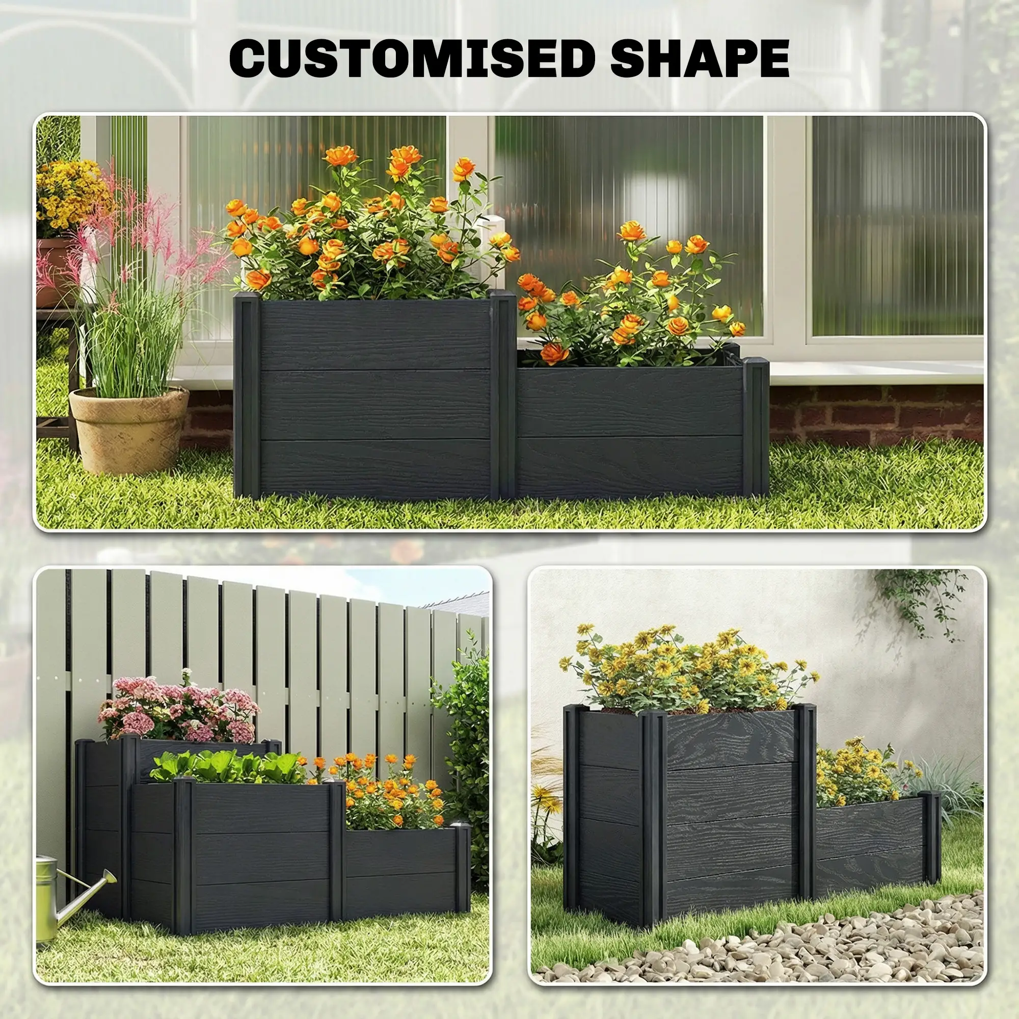 3-Tier Elevated Garden Box, Vinyl Raised Bed Kit, Grey Wood Effect, Grey - Image 5