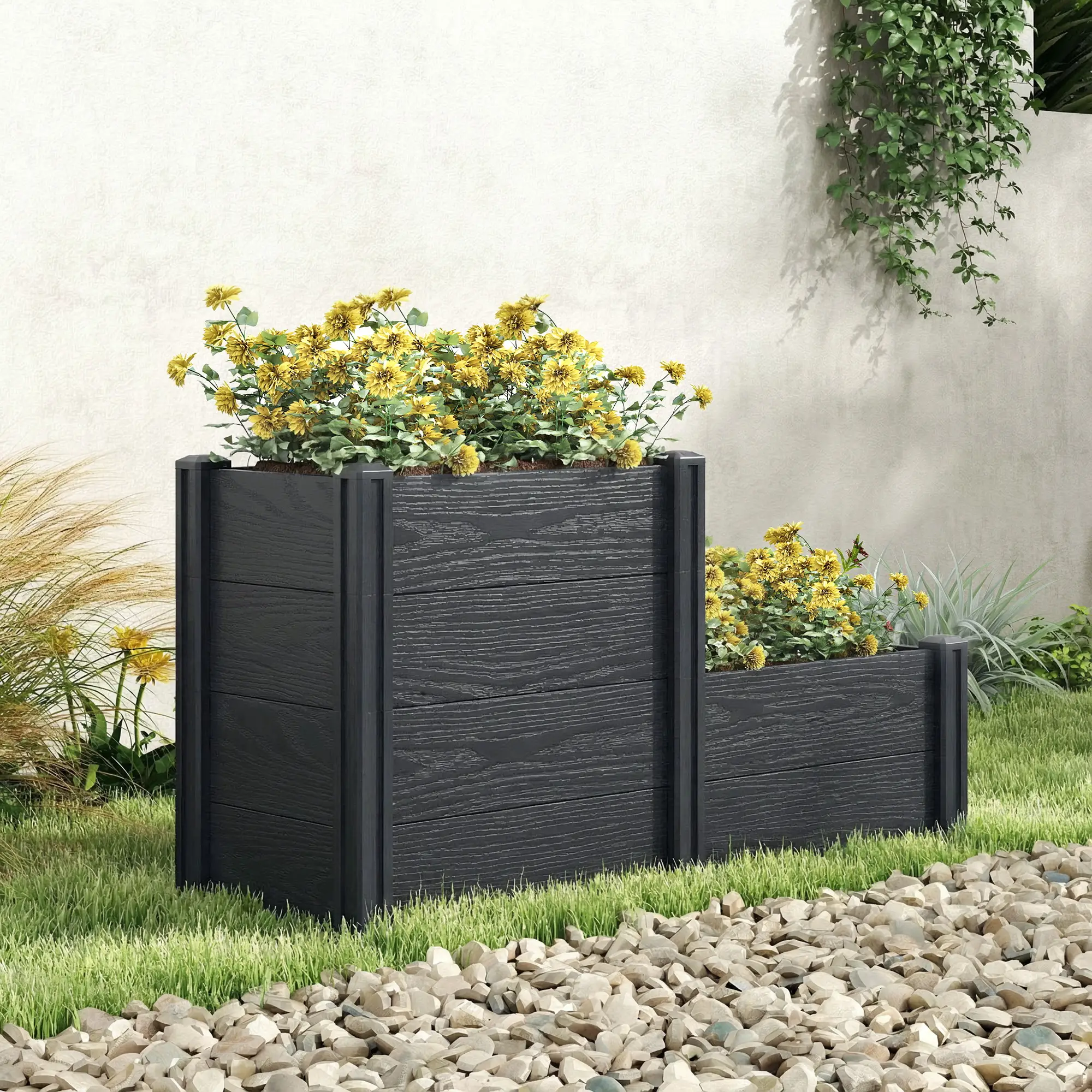 3-Tier Elevated Garden Box, Vinyl Raised Bed Kit, Grey Wood Effect, Grey - Image 9