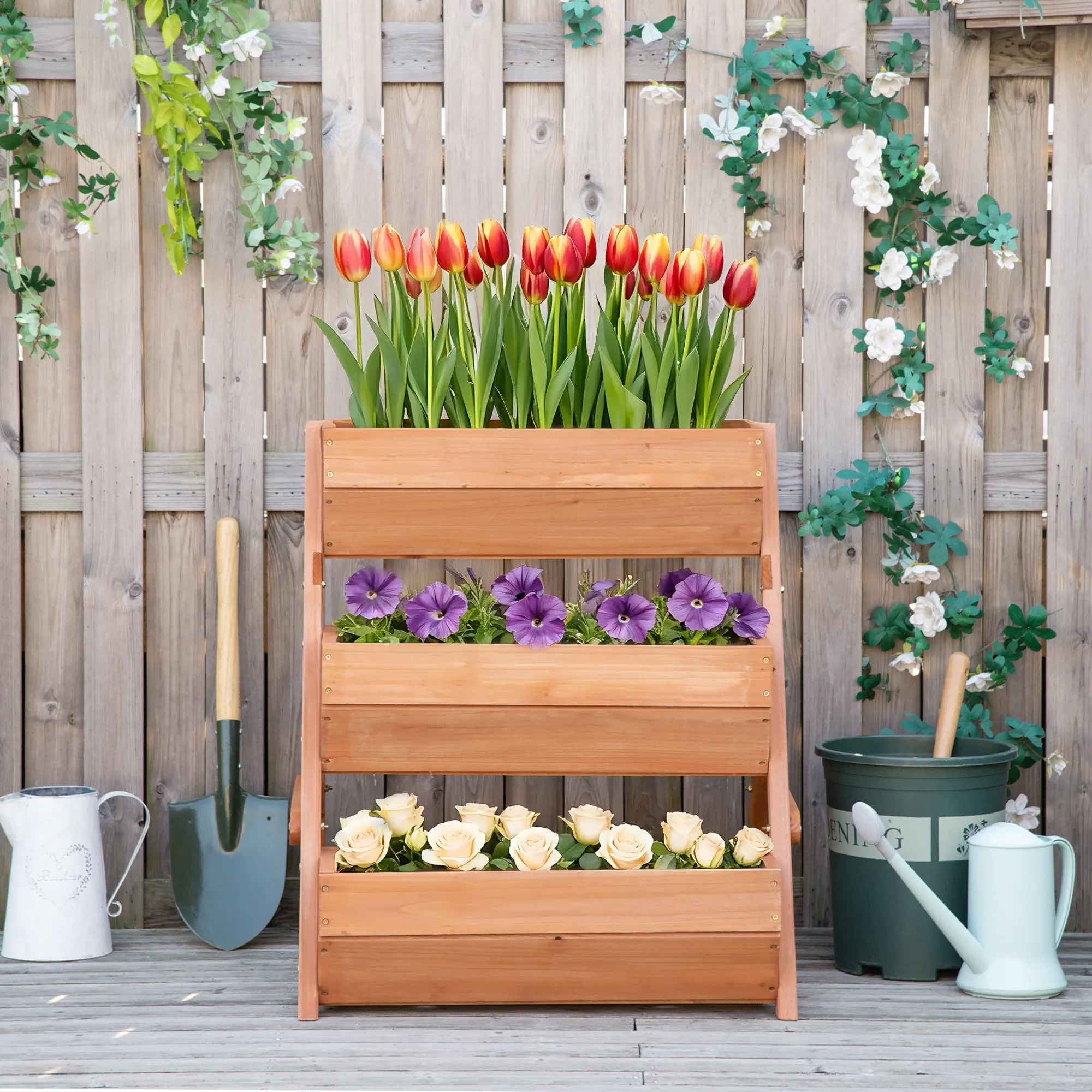 3 Tier Elevated Planter Box, Wooden Raised Garden Bed, 26" x 30" x 30", Brown - Image 10