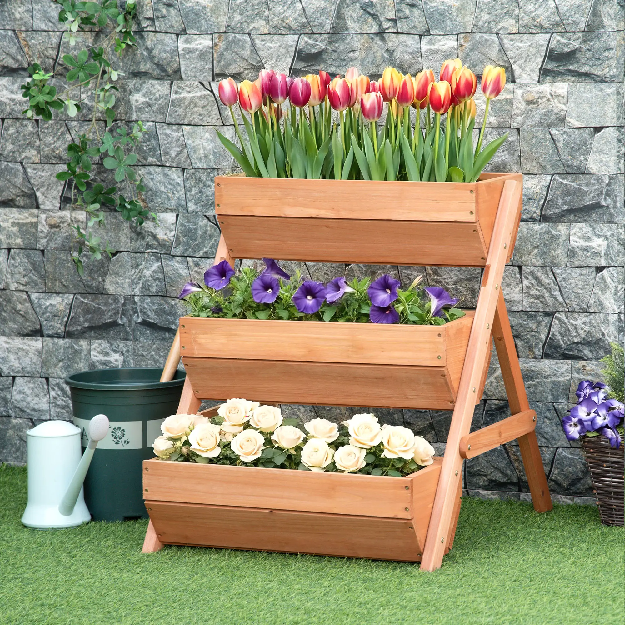 3 Tier Elevated Planter Box, Wooden Raised Garden Bed, 26" x 30" x 30", Brown - Image 2