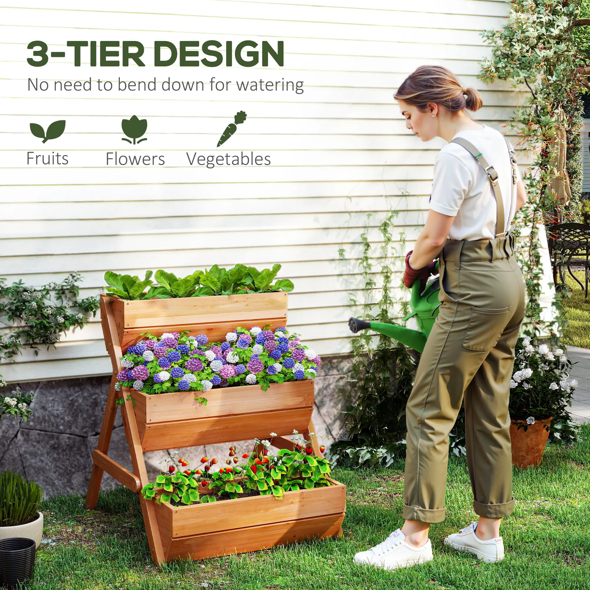 3 Tier Elevated Planter Box, Wooden Raised Garden Bed, 26" x 30" x 30", Brown - Image 4