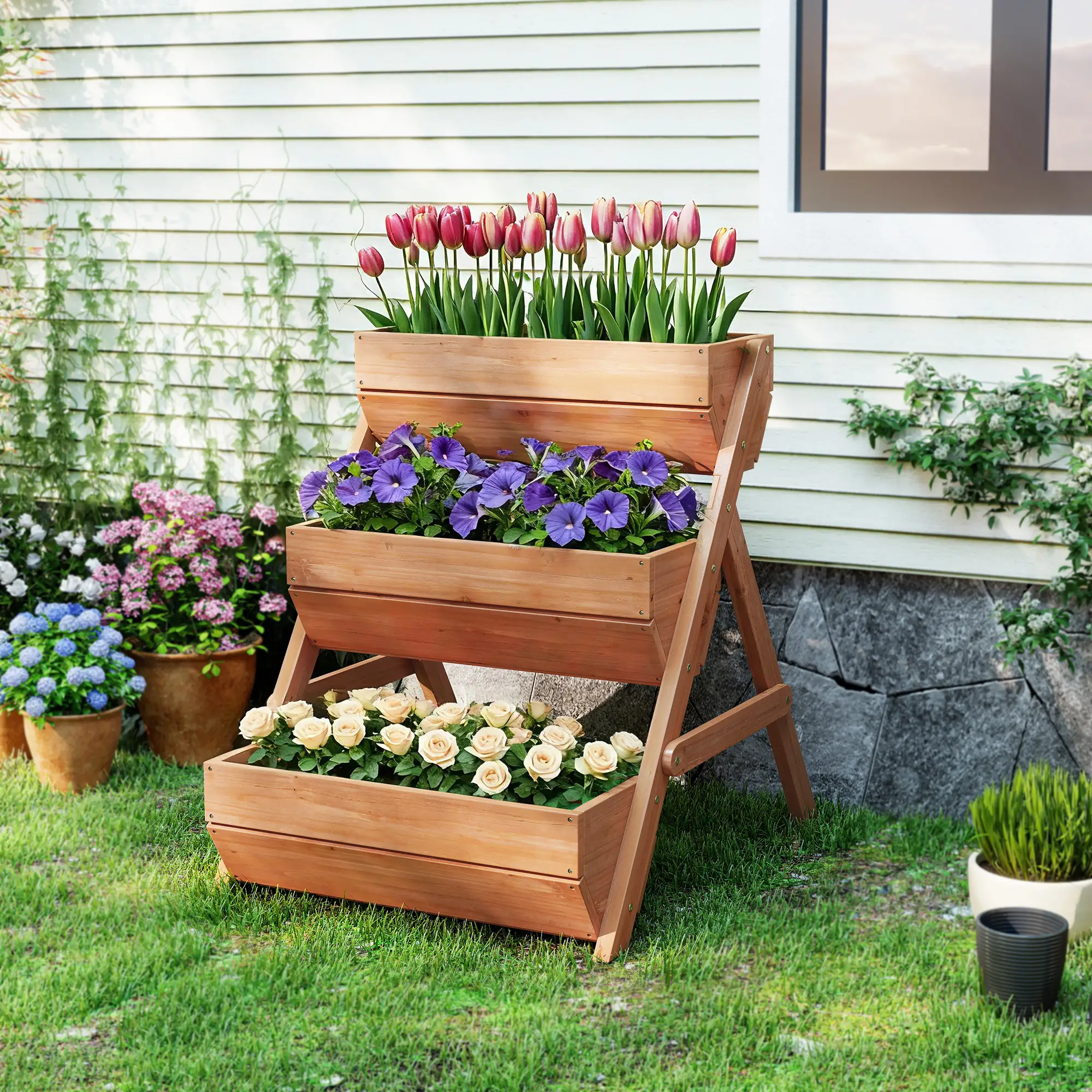 3 Tier Elevated Planter Box, Wooden Raised Garden Bed, 26" x 30" x 30", Brown - Image 7