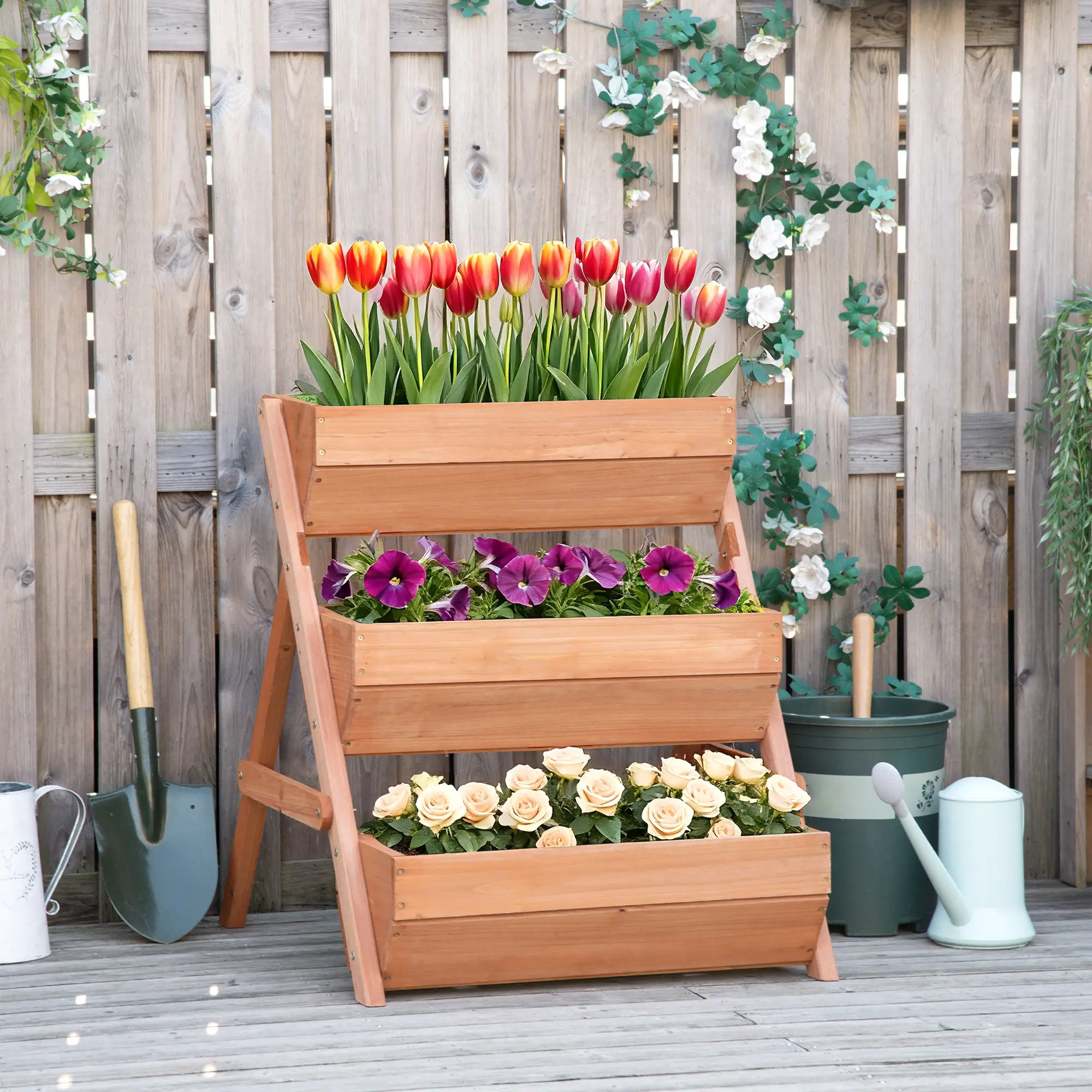 3 Tier Elevated Planter Box, Wooden Raised Garden Bed, 26" x 30" x 30", Brown - Image 8