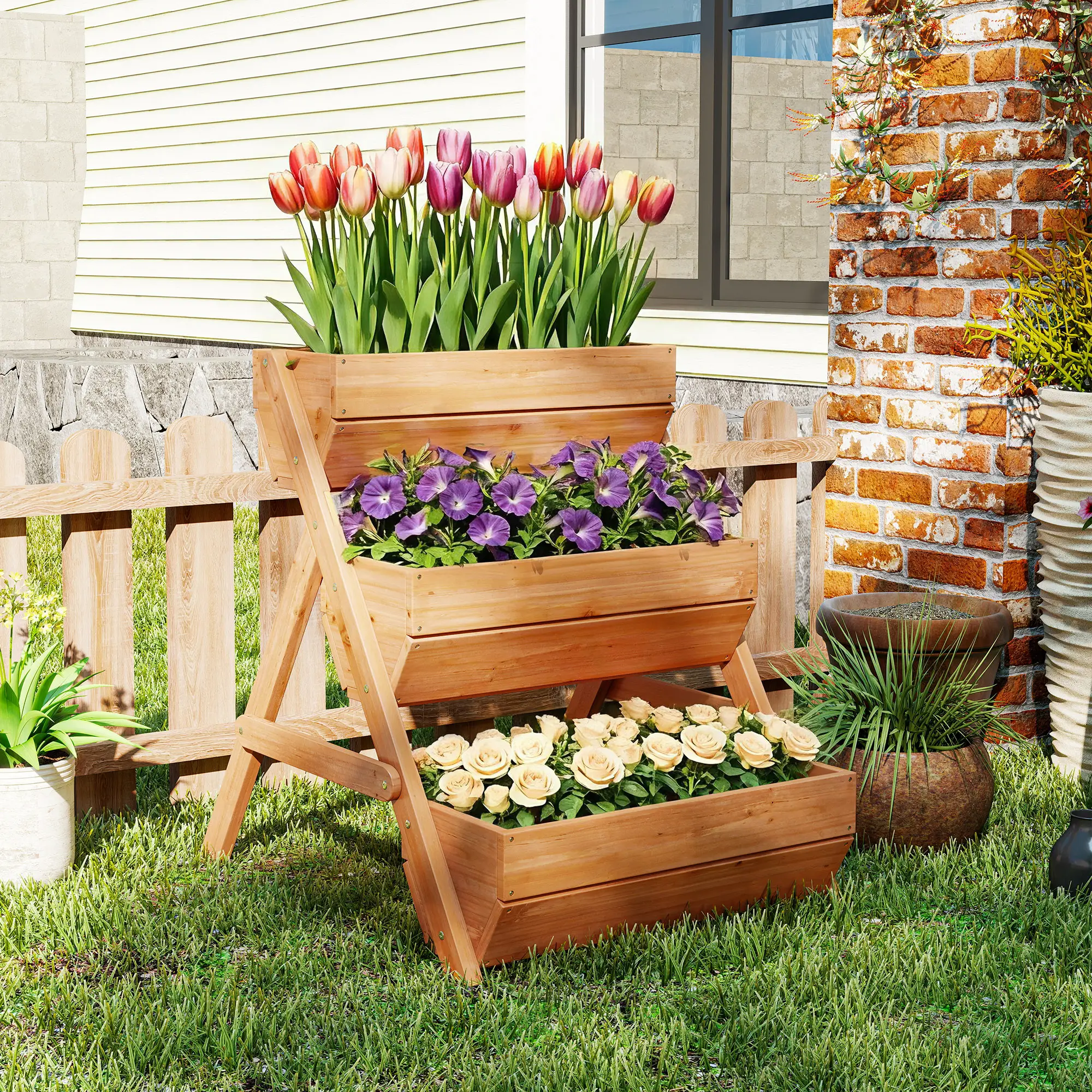 3 Tier Elevated Planter Box, Wooden Raised Garden Bed, 26" x 30" x 30", Brown - Image 9