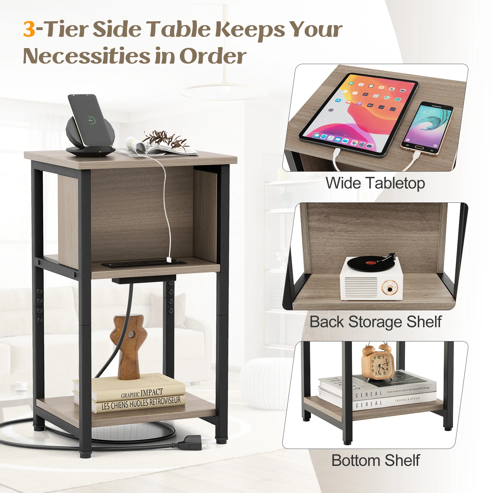 3-Tier End Table With USB Ports, Power Outlets, 1 Piece - Image 10
