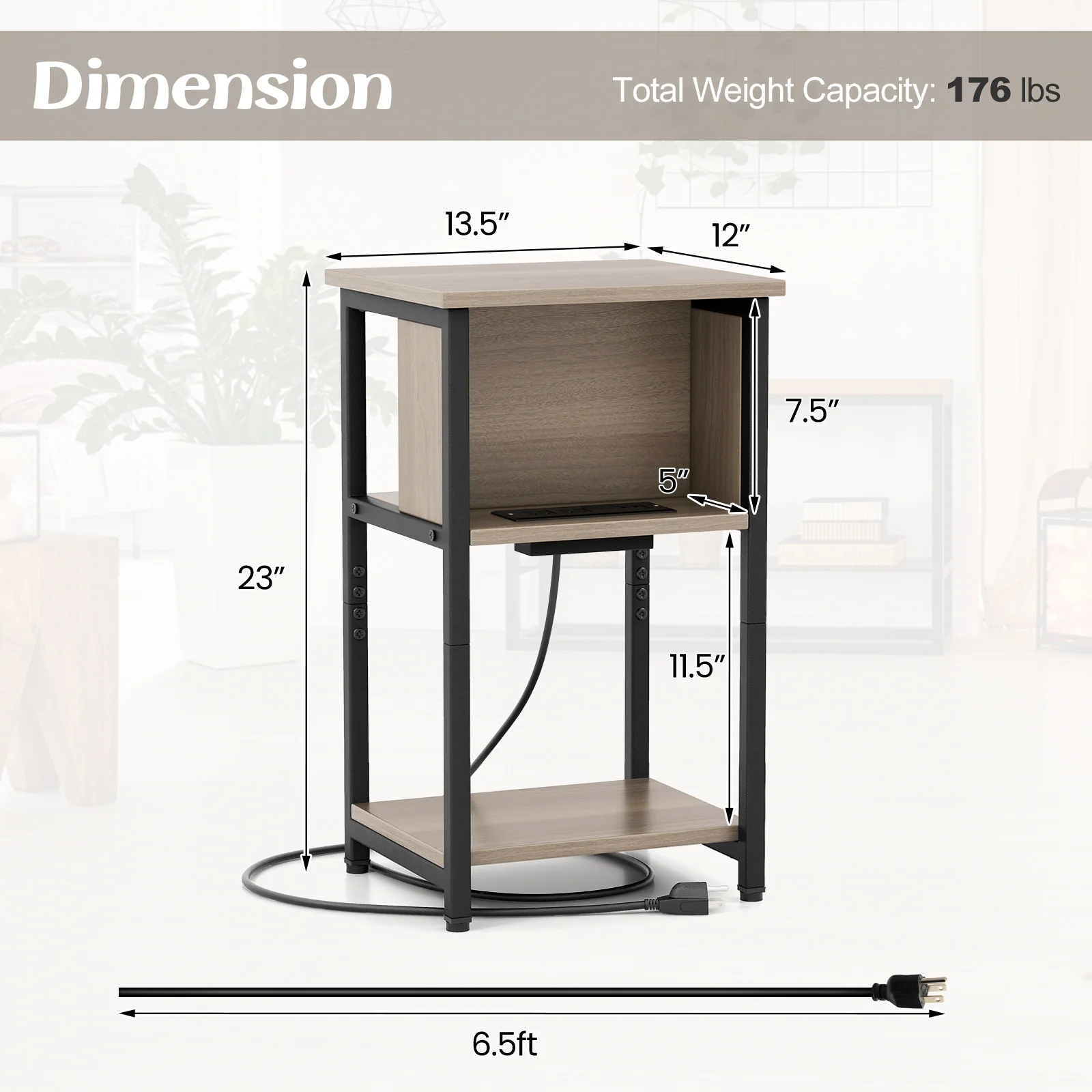 3-Tier End Table With USB Ports, Power Outlets, 1 Piece - Image 6