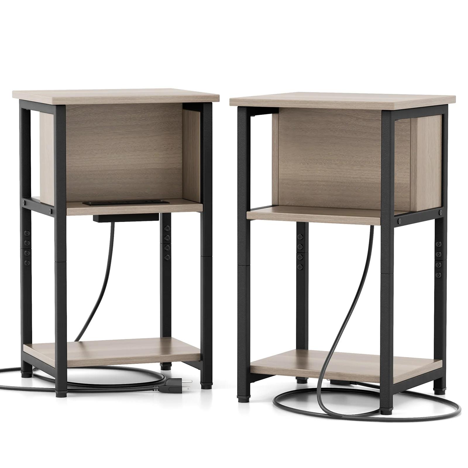 3-Tier End Table With USB Ports, Power Outlets, 2 Pieces, Gray, Black
