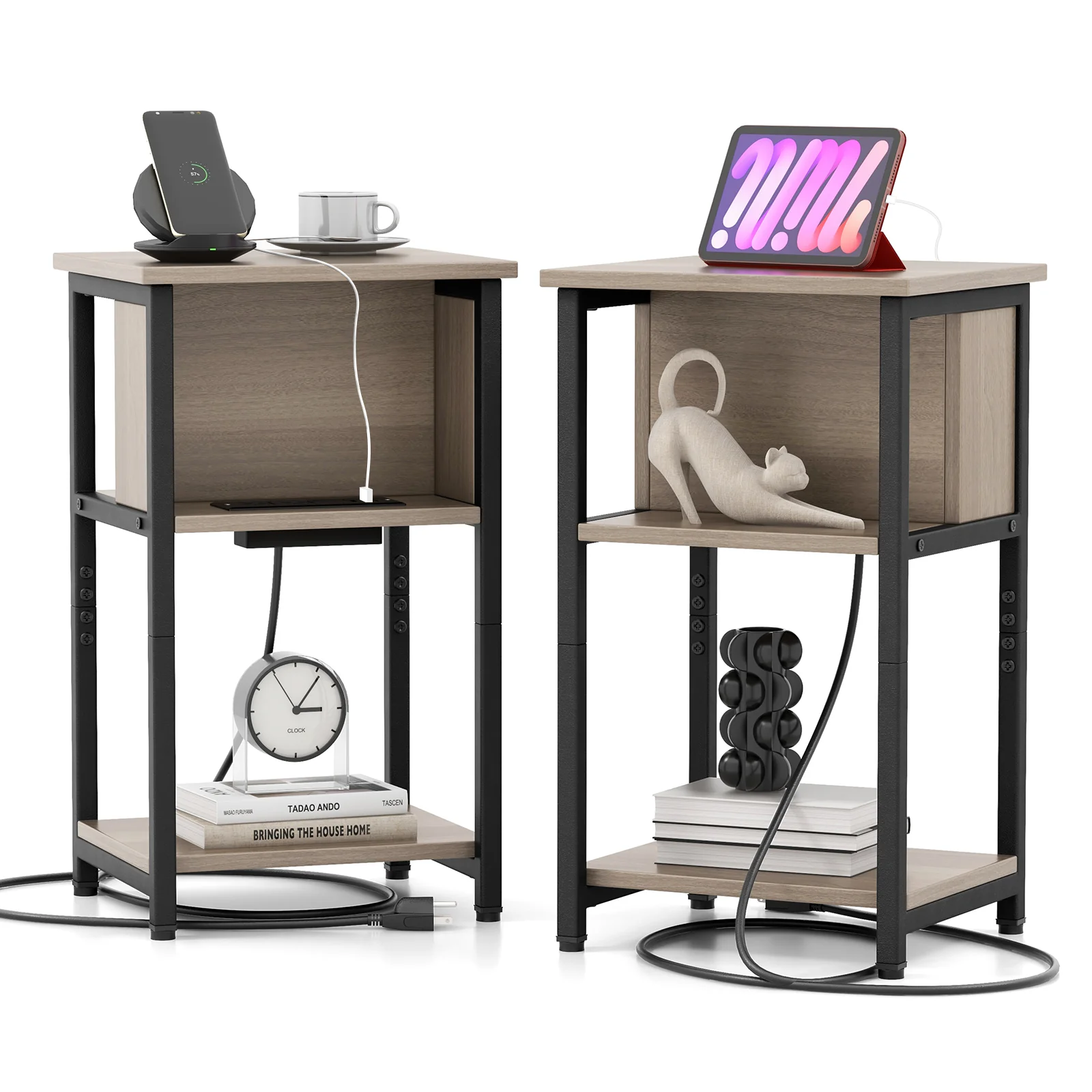 3-Tier End Table With USB Ports, Power Outlets, 2 Pieces, Gray, Black - Image 5