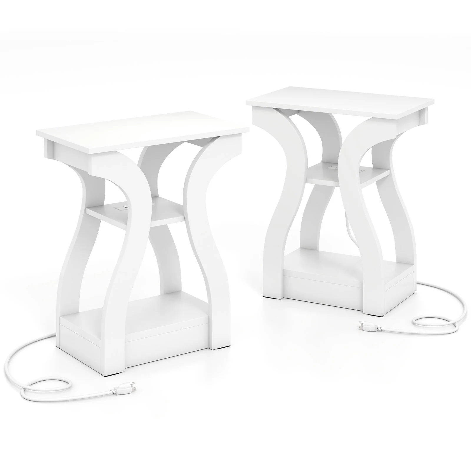 3-Tier End Tables With Charging Station, Set Of 2, White