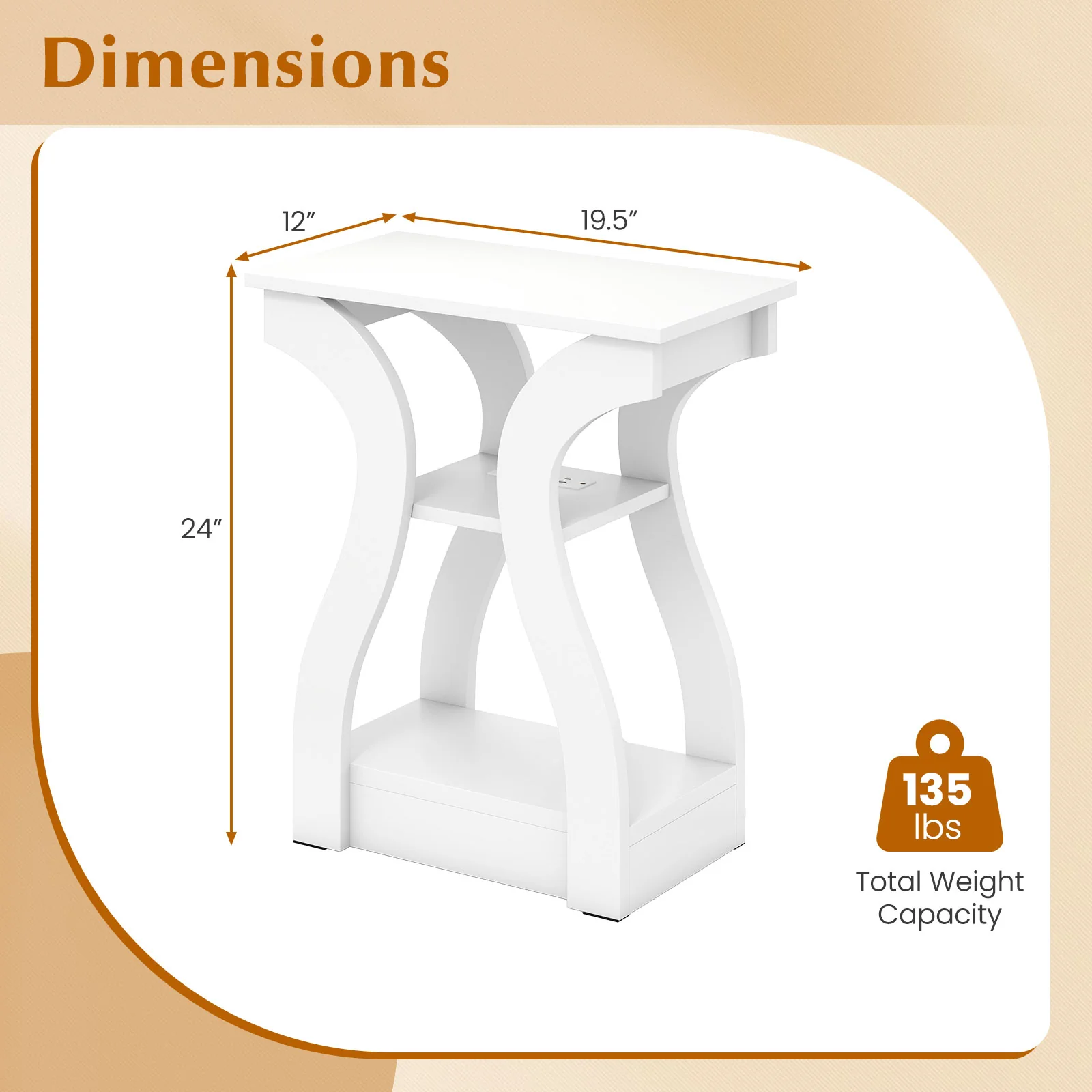 3-Tier End Tables With Charging Station, Set Of 2, White - Image 6