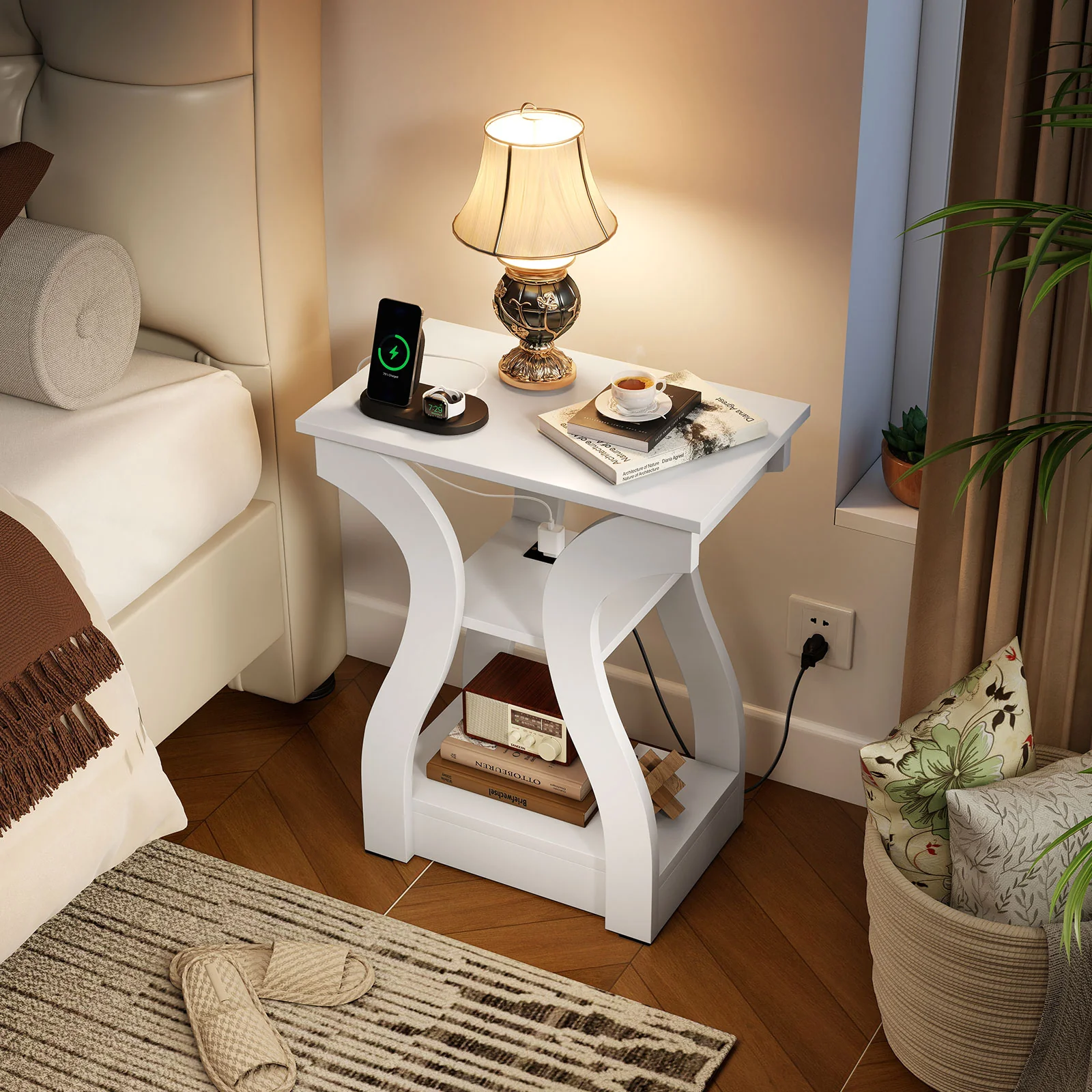 3-Tier End Tables With Charging Station, Set Of 2, White - Image 8